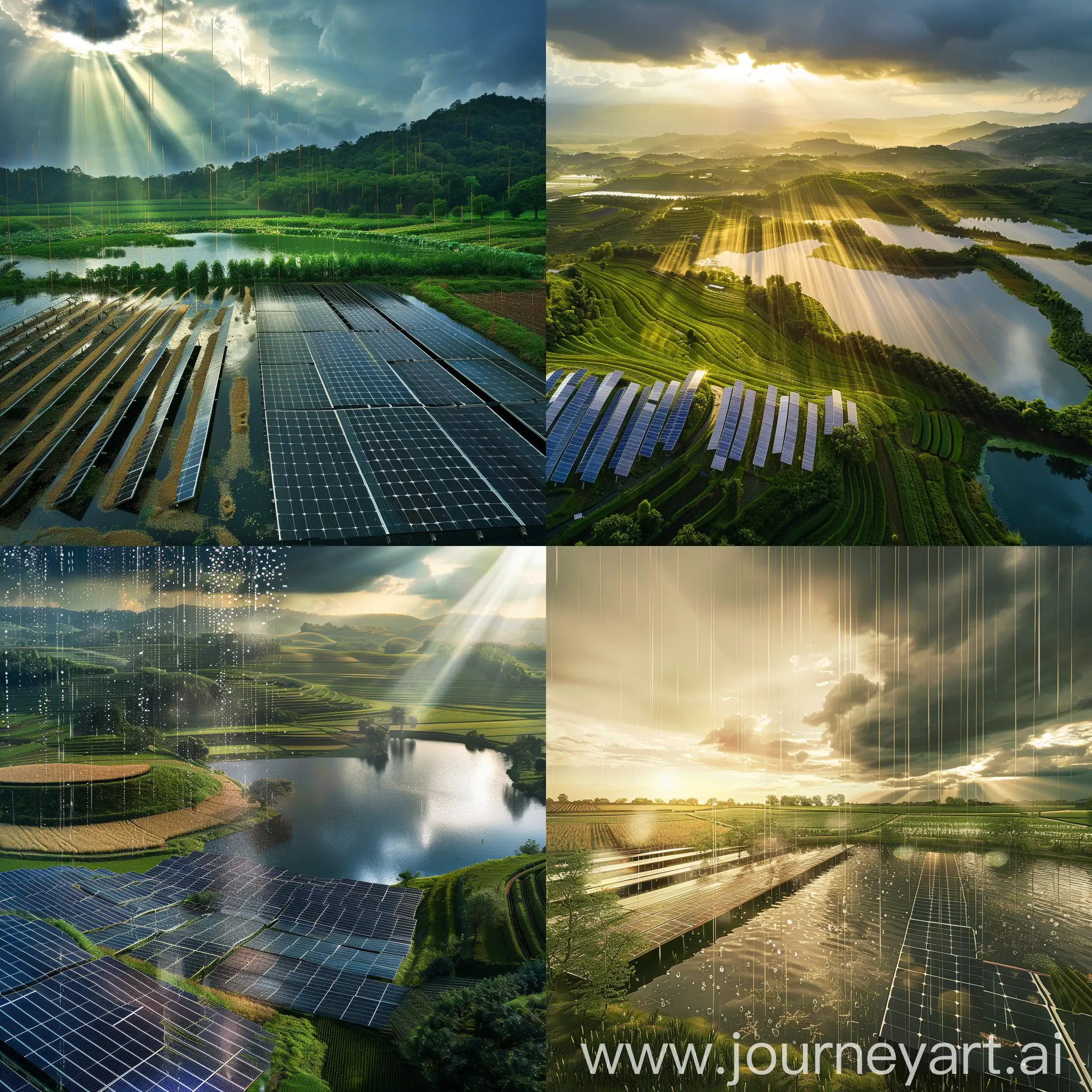谷雨润泽  镜面湖泊  未来农田 农民和谐共生 光伏板绿色能源 科技融合 光与影的交织 春天希望的寓意