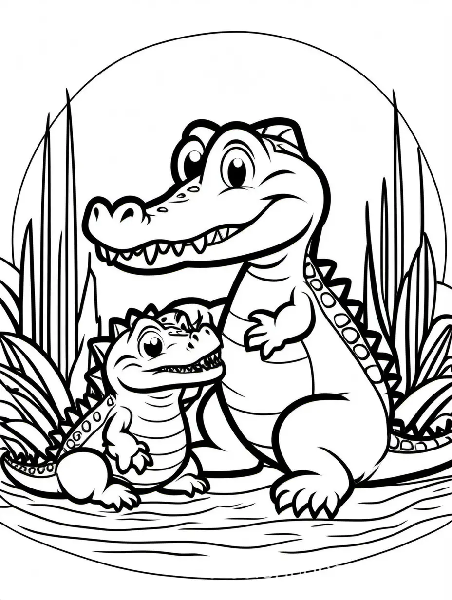 cute Crocodile with his Hatchling for kids, Coloring Page, black and white, line art, white background, Simplicity, Ample White Space. The background of the coloring page is plain white to make it easy for young children to color within the lines. The outlines of all the subjects are easy to distinguish, making it simple for kids to color without too much difficulty