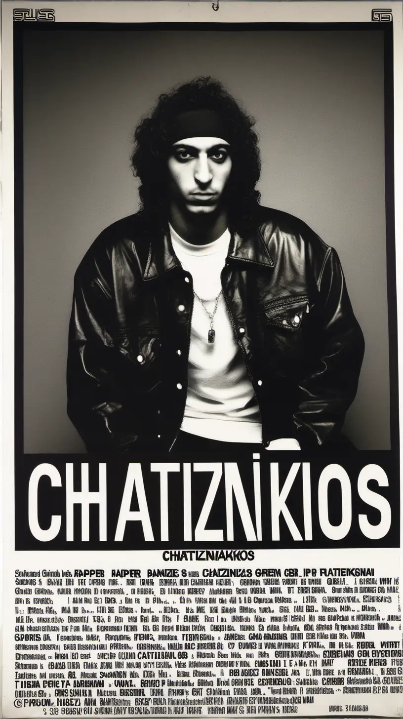 a poster for the rapper "Chatzinakos" in the 1980s hiphop scene. he is a 20-something fair handsome thin greek-american man with a prominent nose and a cocky swagger