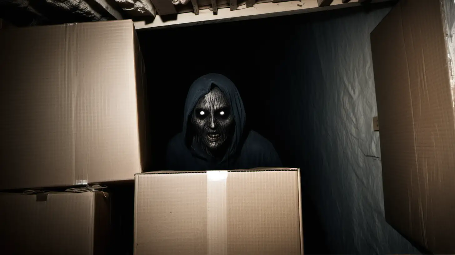 Very creepy and scary dark figure, peaking from behind some boxes in a dirty dark dusty dilapidated cluttered messy basement