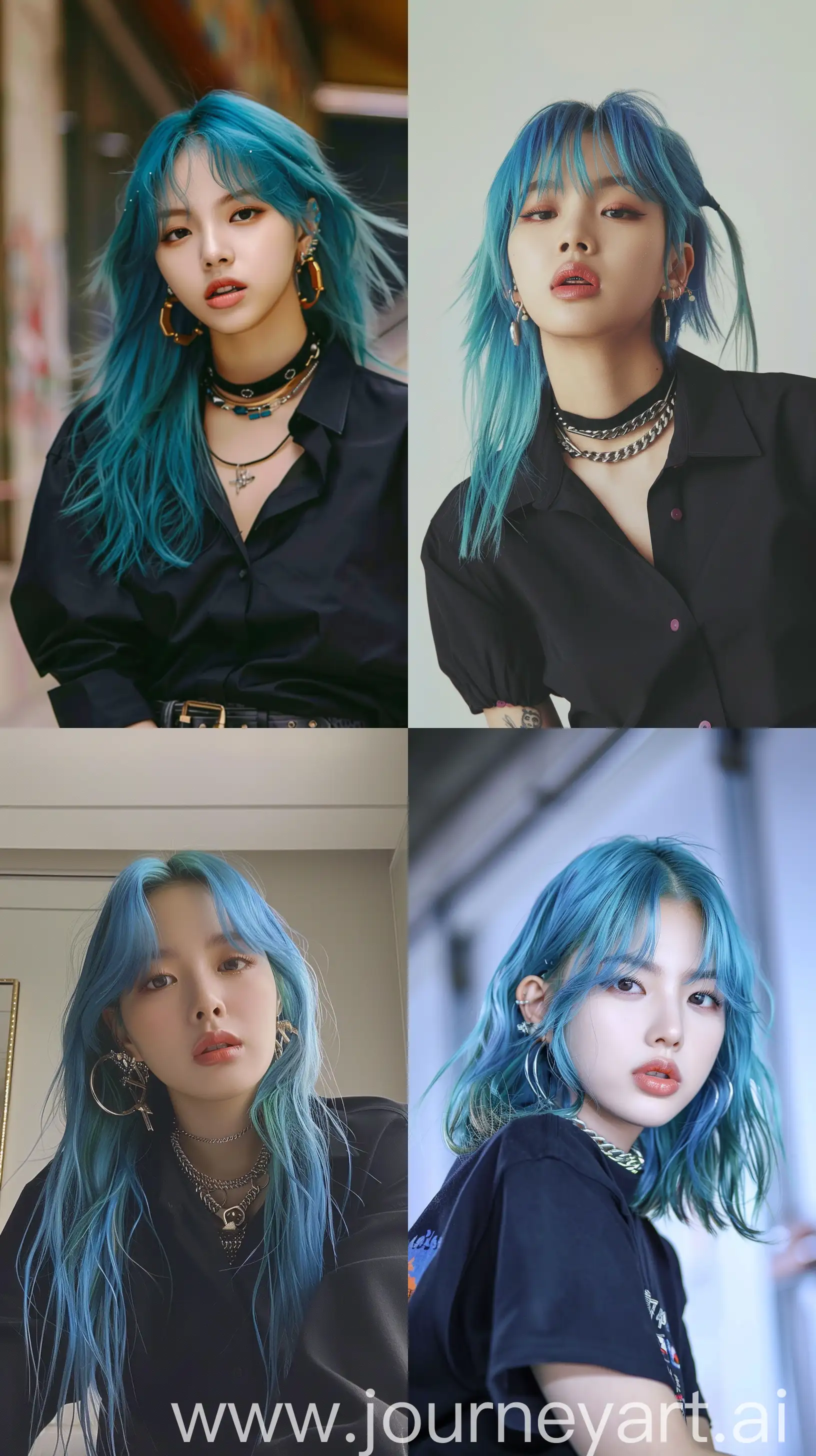 Jennie-from-BLACKPINK-with-Blue-Wolfcut-Hair-in-Stylish-Black-Shirt