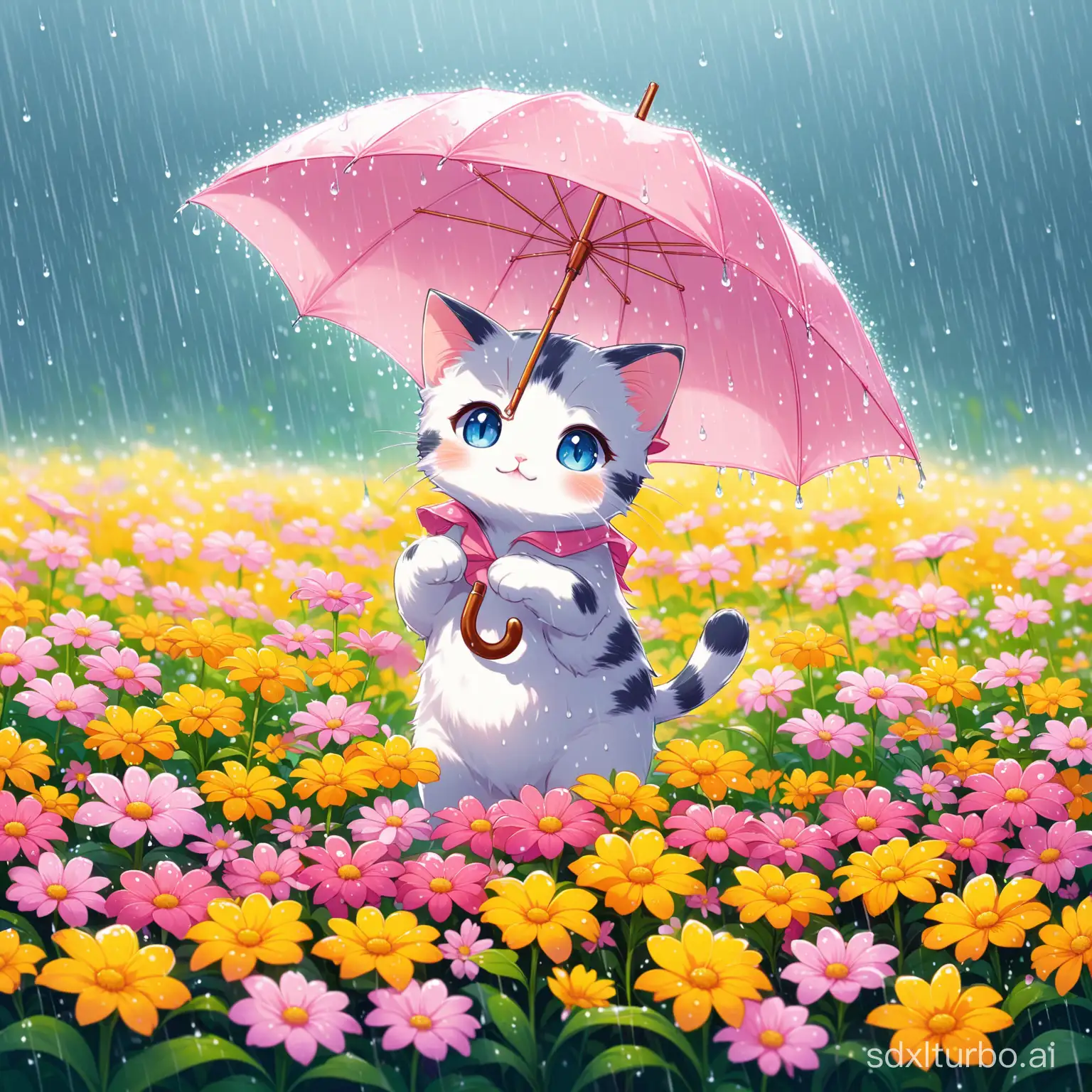 The little cat, holding an umbrella, stood in a sea of flowers on a rainy day.