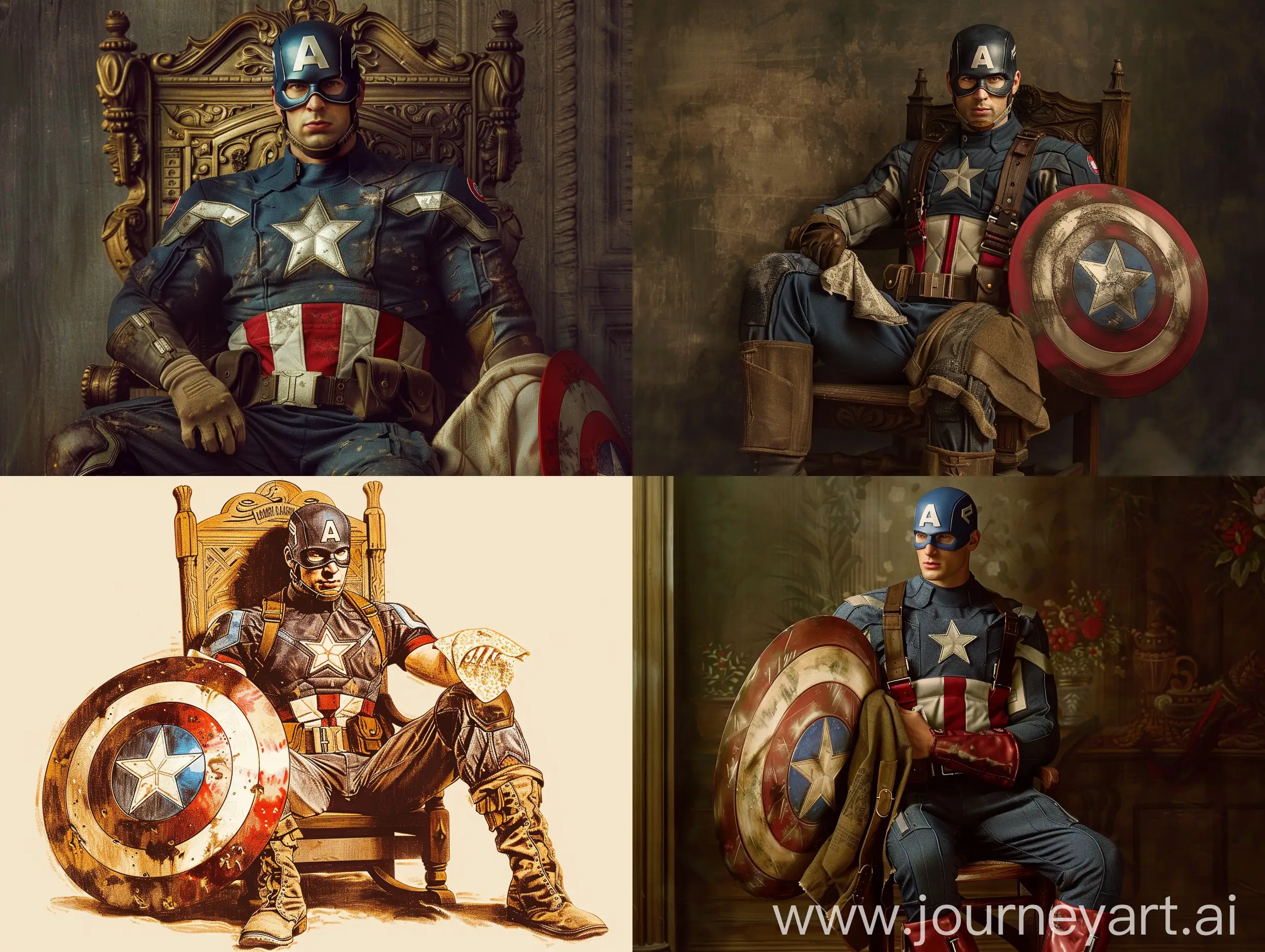 Captain America is a Marvel character, America is wearing a 80s military uniform, Captain America is like a crusader, Captain America has a 15th century castle type shield, Captain America is holding an old handkerchief in his right hand, the shield is on Captain's left leg. It's American, keep the old handkerchief near the shield, Captain America is sitting on a wooden chair in Camelot Palace, the lighting is classic style, Prince of Persia style, Captain America's face is neither happy nor sad, excellent quality, very clear. , very real, q2.