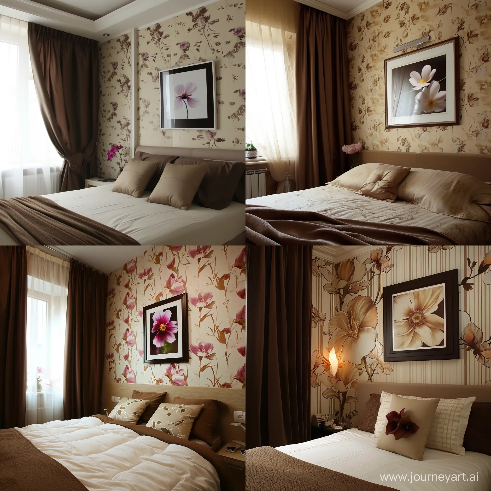 bedroom design. There is a bed, a picture with a flower, brown curtains, wallpaper with flowers
