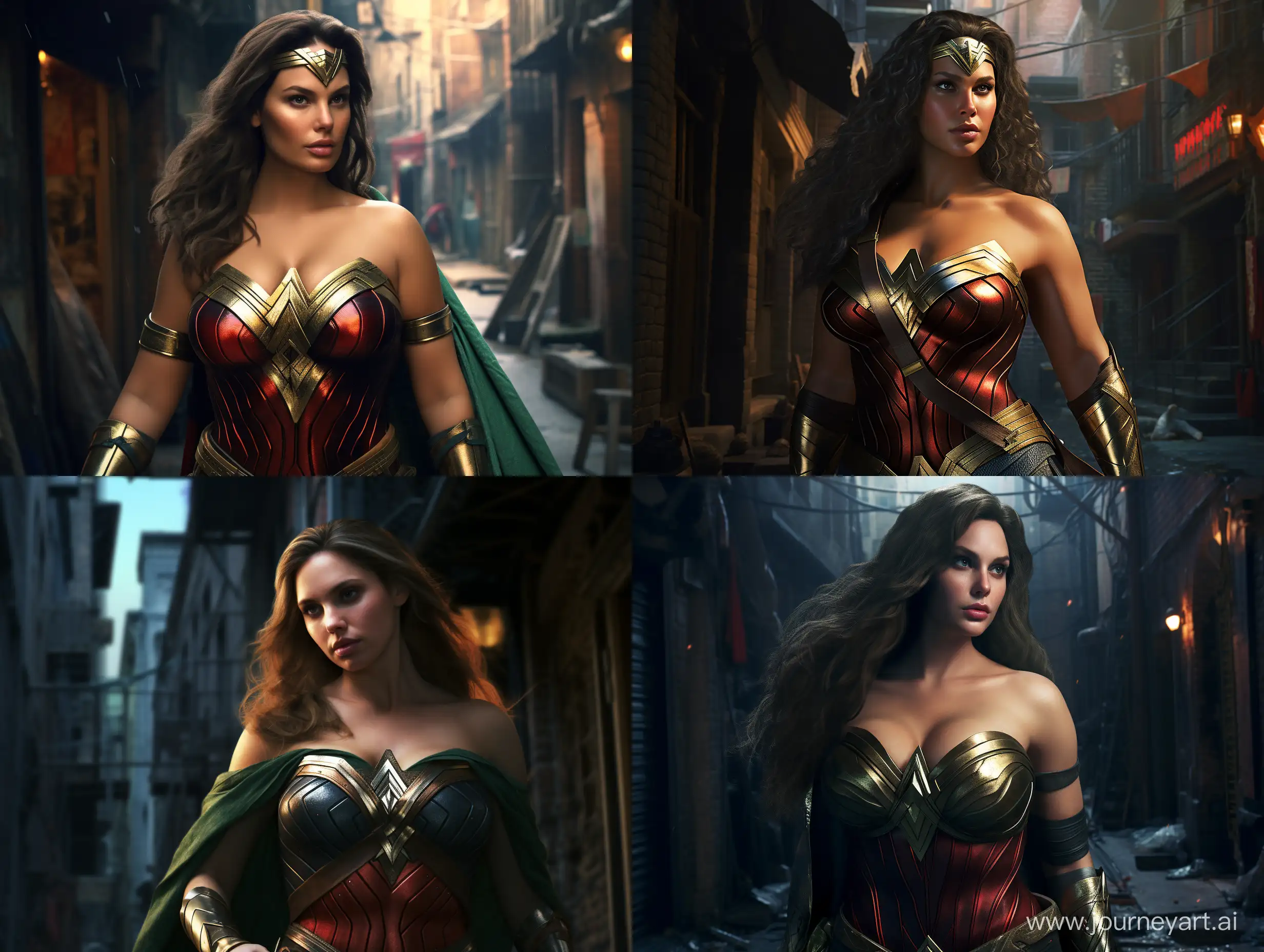 Very Fat Wonder Woman, looking at the camera, half body, with a huge belly, in an alleyway, realistic, cinematic lighting, --ar 4:3 --q 2