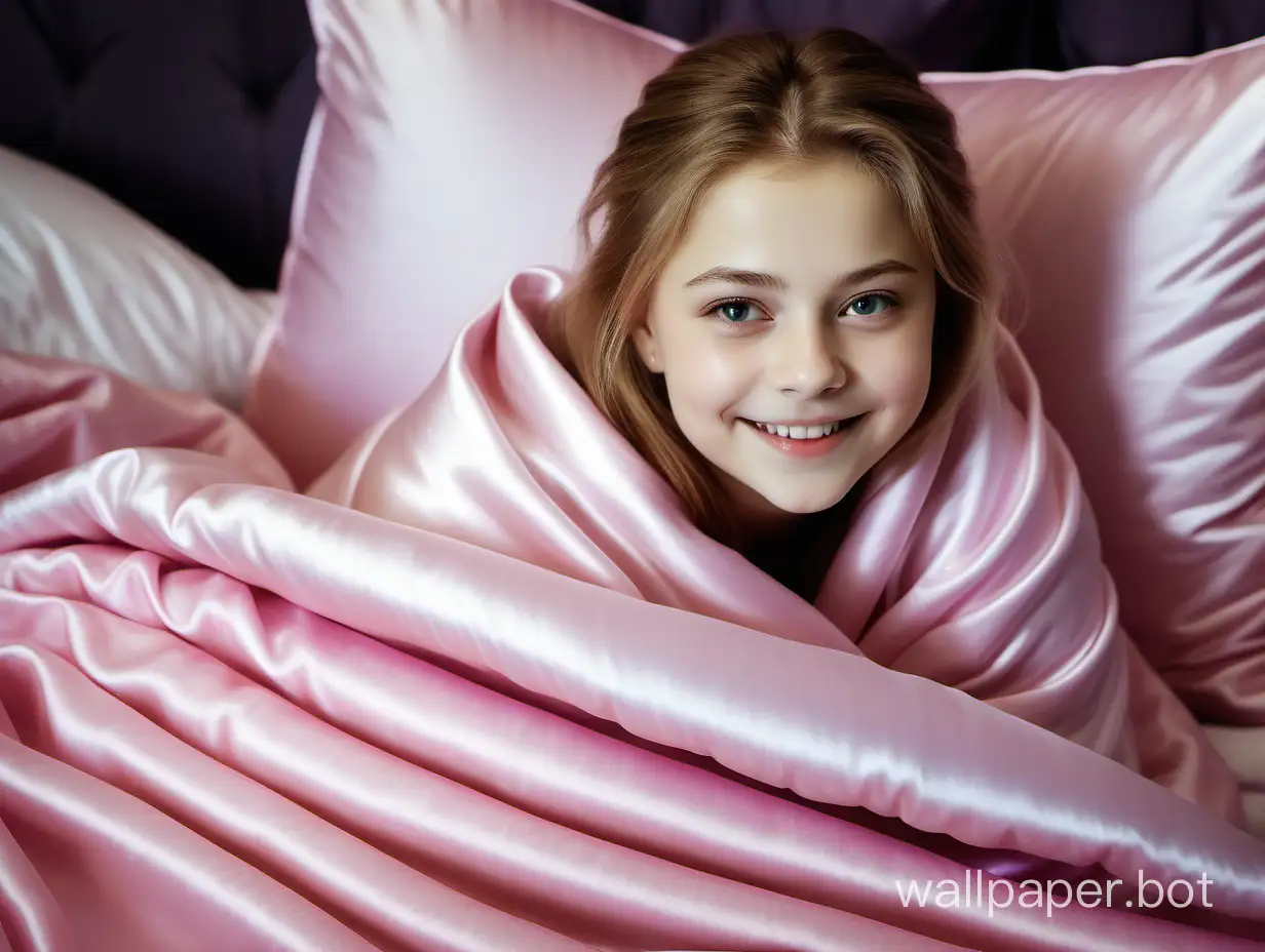 Yulia Lipnitskaya Smiling Under Luxury Pink Silk Pillow and Blanket