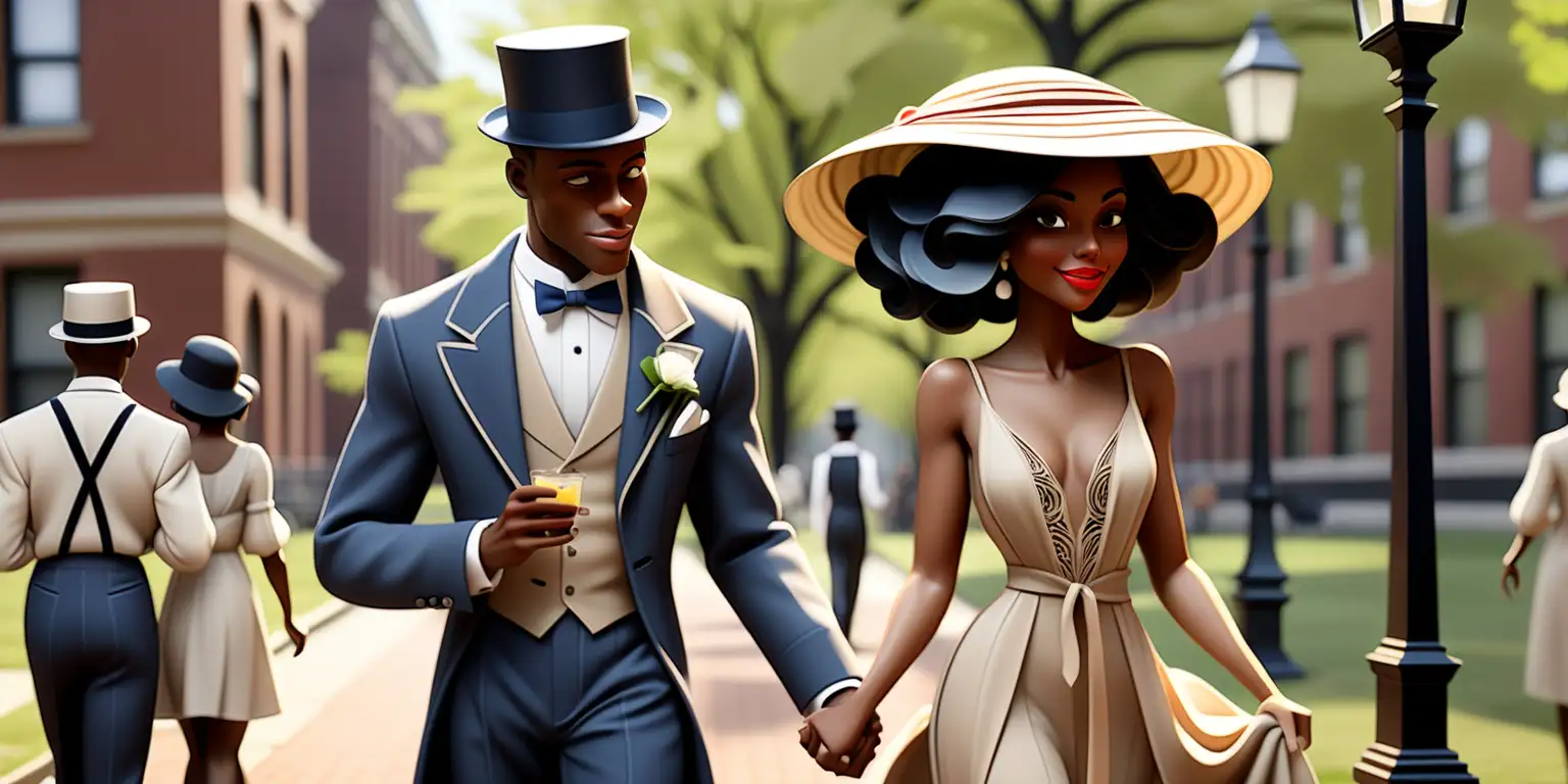 imagine an animated version of a lovers stroll in 1920 around howard university and recreate it for 2024. but more creative for a founders day brunch program. create an animated lovers stroll