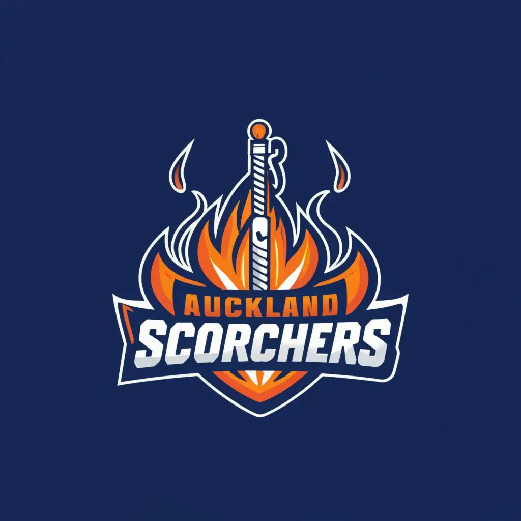 a logo design,with the text "Auckland Scorchers", main symbol:Cricket Bat and Ball on fire blue color,Minimalistic,clear background