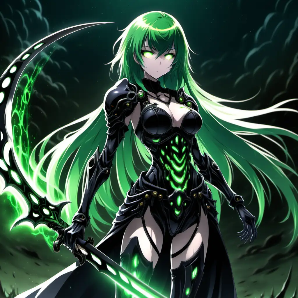 anime girl, aura, green hair, glowing eyes, reaper scythe, full plate armor