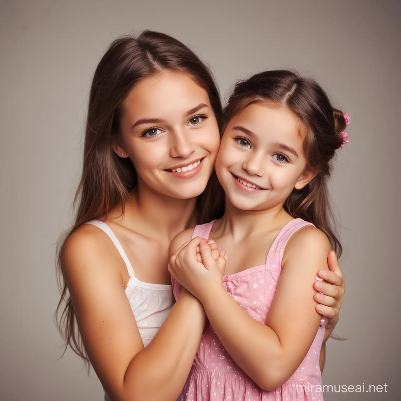 Cute teen girl holding a small cute young woman in her palms