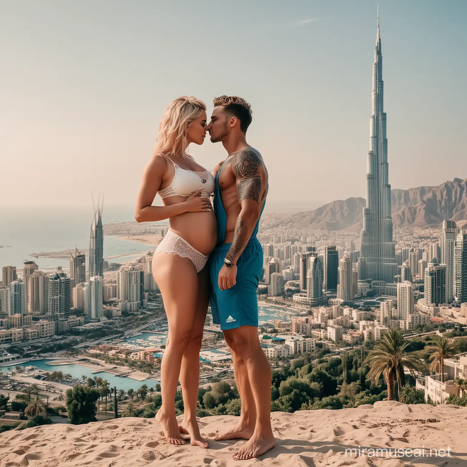 Muscular Football Player and Pregnant Princess Kiss at Luxurious Mountain Villa with Sea View