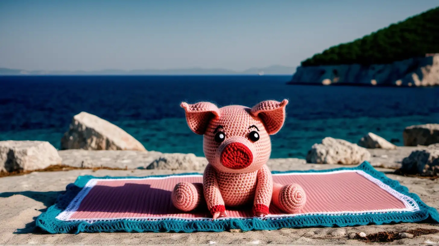 Pig training yoga on mat, made with crochet, on the  croatian beach and next to the ocean --style scenic