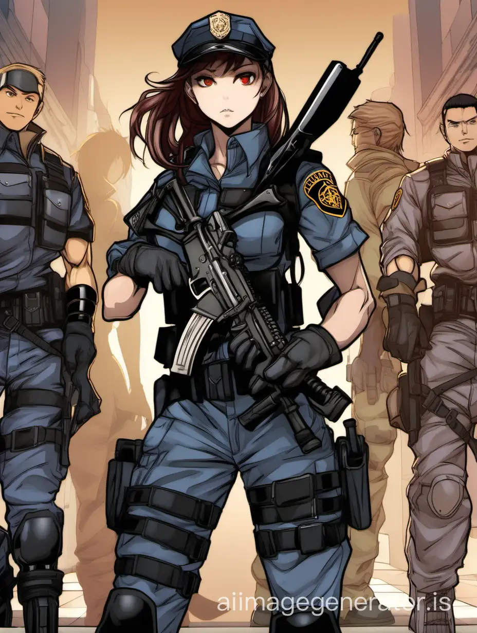 (dungeons and dragons art), full length portrait, (police SWAT uniform), slim female, very muscular, human woman with cat ears and tail, ((human face)), serious expression, dark tan skin, large chest, tactical knee pads, black tactical boots, NO HUMAN EARS, BDU pants, by artist "anime", Anime Key Visual, Japanese Manga, Pixiv, Zerochan, Anime art, Fantia