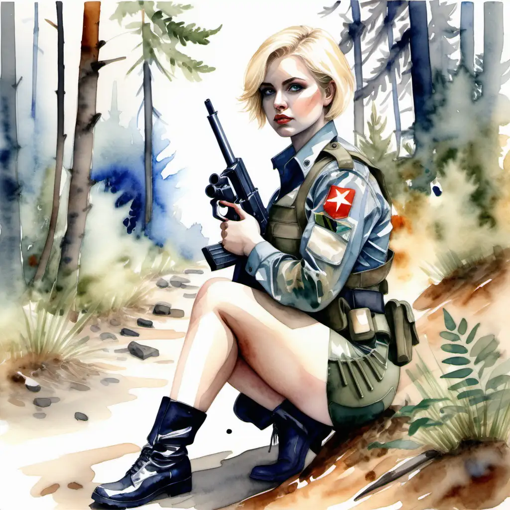SEXY CURVY MILITARY WOMAN, BLONDE, BLUE EYES, SHORT HAIR ,SITTING ON THE GROUND OF A FOREST, WITH A GUN IN HAND. WATERCOLOR