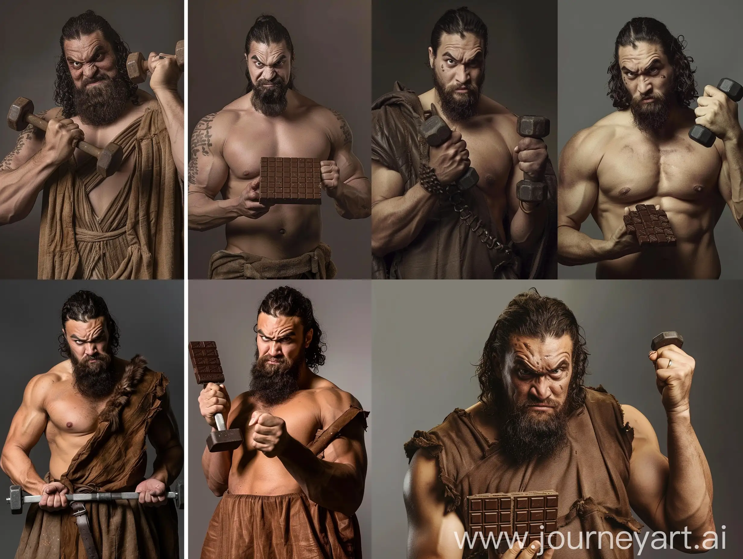 Khal Drogo (played by Jason Momoa) in the Game of Thrones series, Khal Drogo is fat and has a very fat face and body, Khal Drogo with the same face and fat body wears an old brown tunic, Khal Drogo with the same face and fat body in The club is Winterfell. Khal Drogo with the same face and very fat body holds a dumbbell in his right hand, Khal Drogo with the same face and fat body holds a chocolate bar in his left hand, Khal Drogo with the same face and very fat body looks at the camera with a mischievous smile , classic lighting, full body, q2