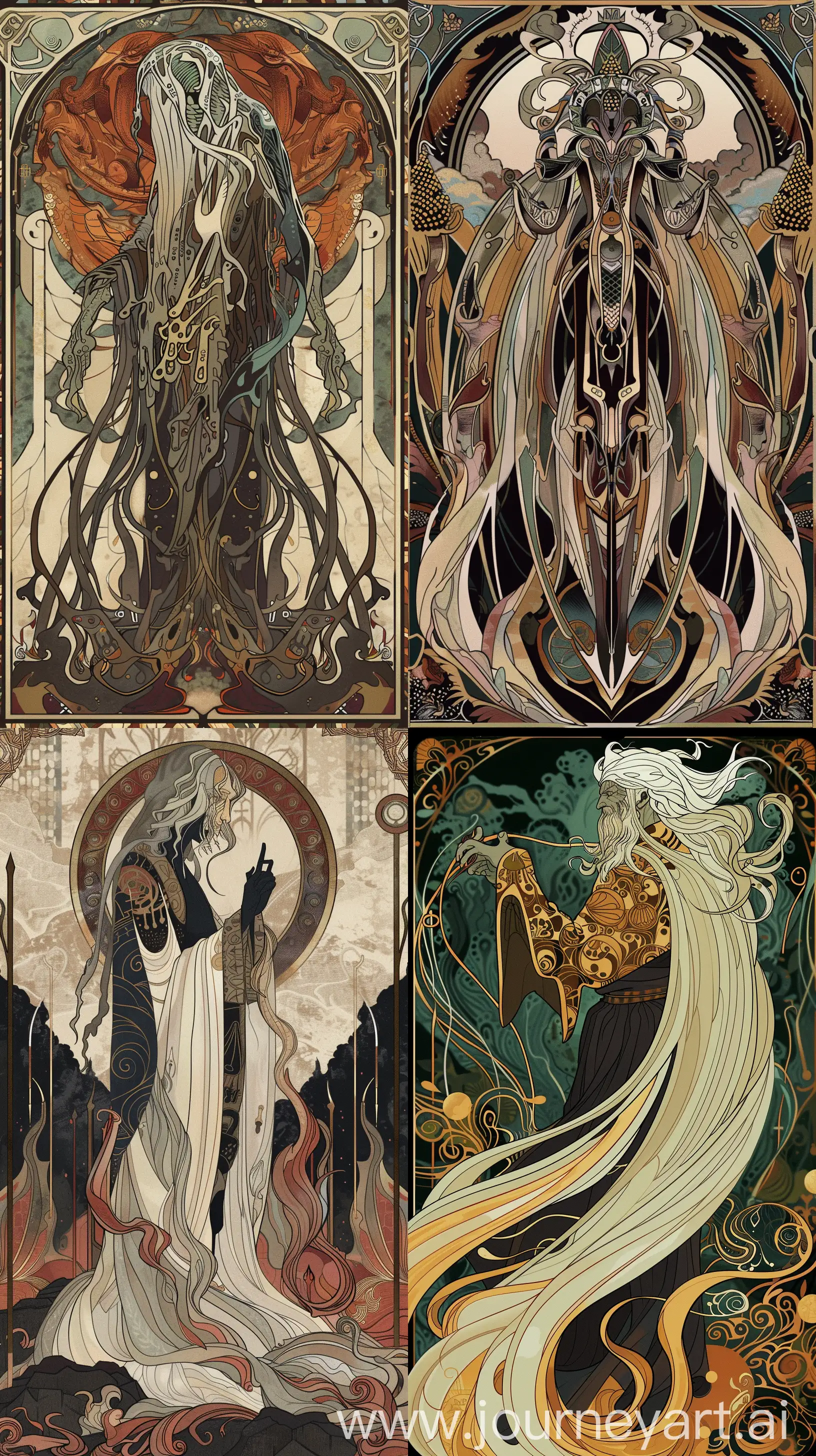 Create an Art Nouveau-inspired interpretation of a Horseman of the Apocalypse, featuring elegant, flowing lines and organic forms. The figure should embody the essence of their domain, be it war, famine, pestilence, or death, with intricate patterns and a harmonious color palette. The background should be a lavish, stylized landscape that enhances the thematic elements of the horseman, all in a stunning 8K UHD resolution suitable for a phone wallpaper. --ar 9:16
