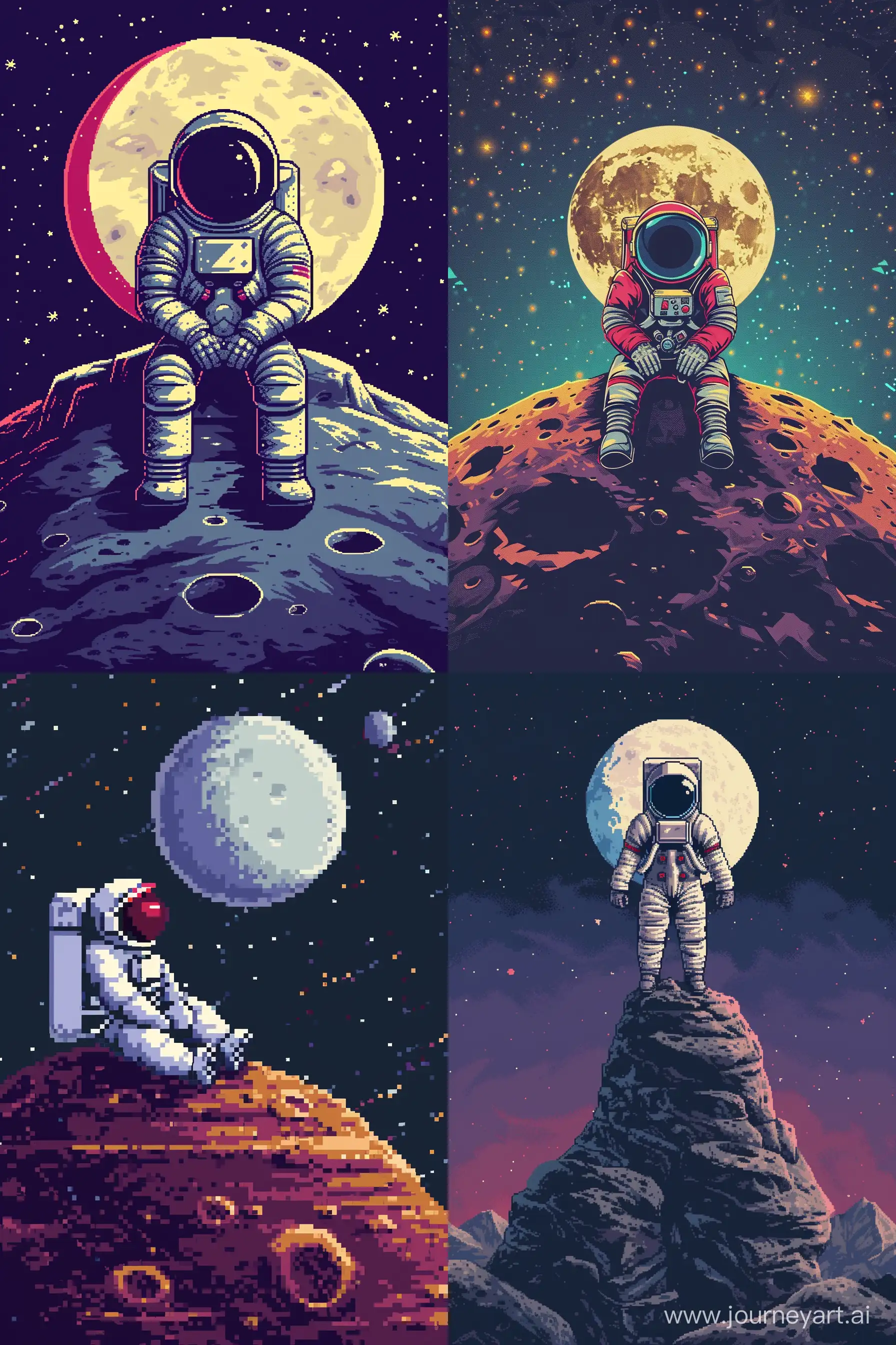 a retro 8-bit theme illustration, pixel art, astronaut on moon, cinematic view, 8 bit art, simplified, pixel game style --chaos 10 --ar 2:3 --v 6.0