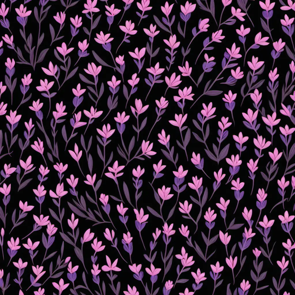 a pattern of tiny pink florals and lavender leaves with a black background