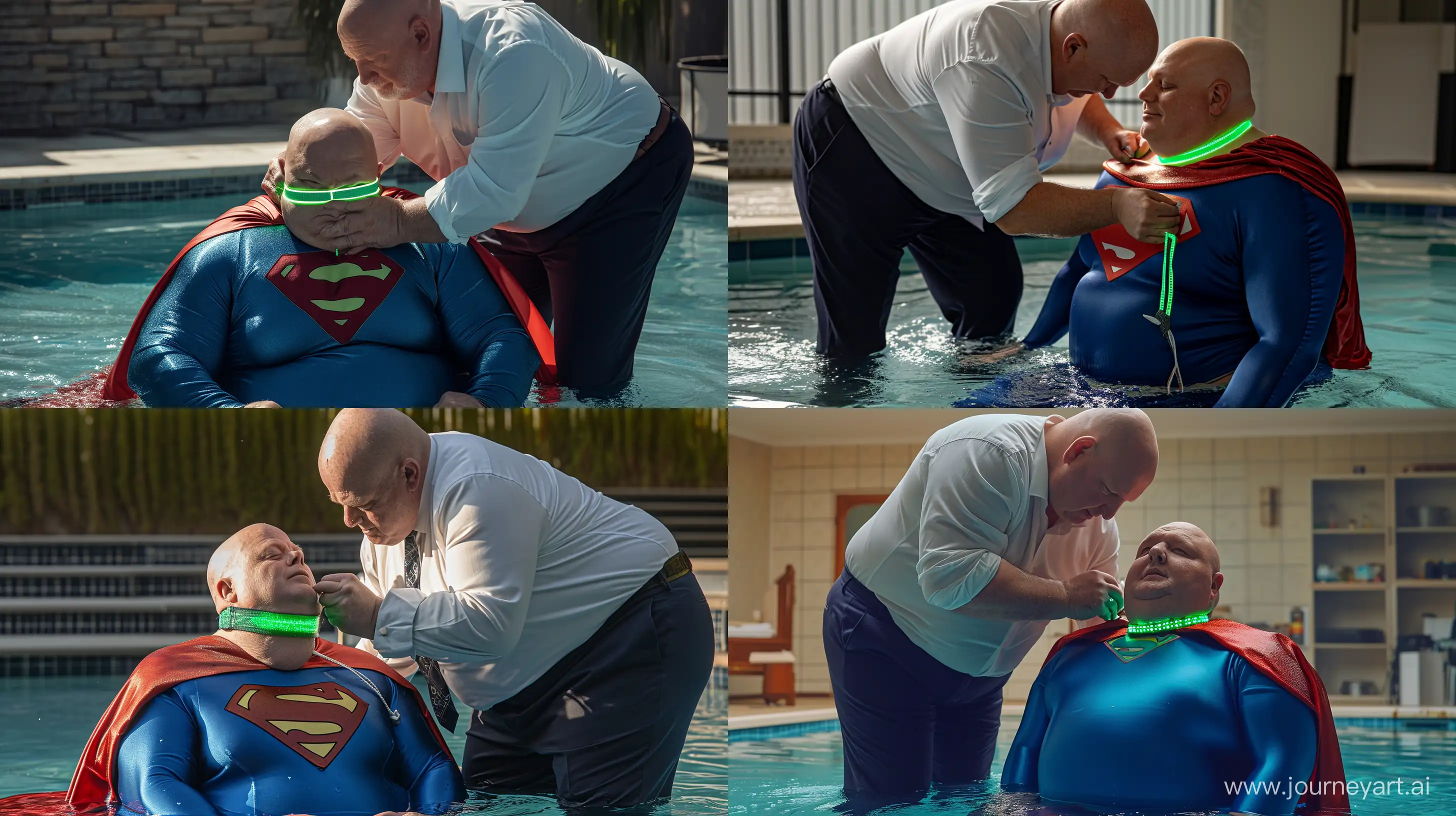 A closeup photo of a chubby man aged 60 silky navy business pants and a white shirt, bending behind and tightening a green glowing small short dog collar on the nape of another chubby man aged 60 sitting in the water and wearing a tight blue silky superman costume with a large red cape. Swimming Pool. Natural Light. Bald. Clean Shaven. --style raw --ar 16:9 --v 6