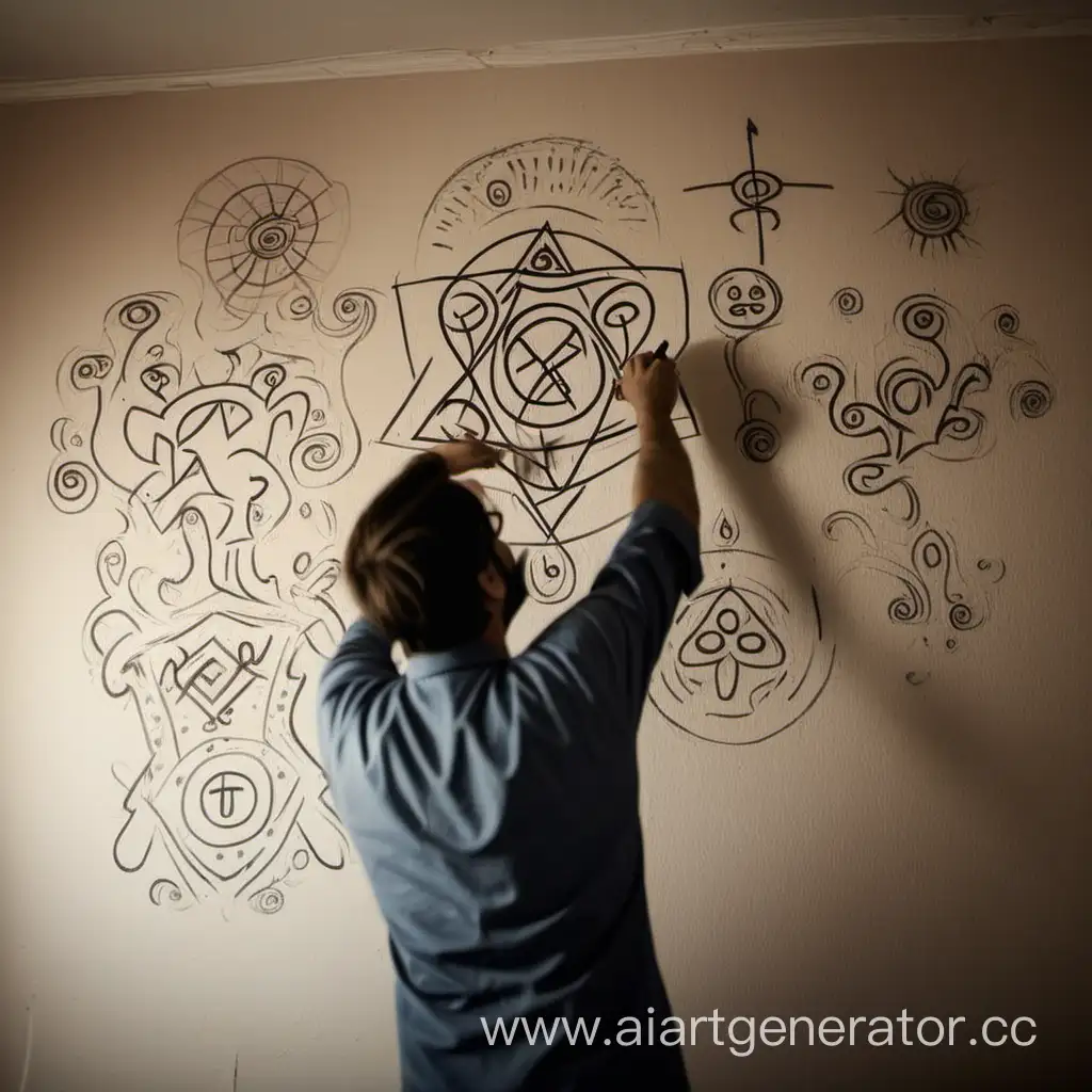 мужчина в бреду, который рисует загадочные символы на стене у себя дома