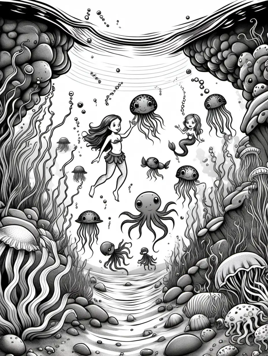 Whimsical Cartoon Mermaids and Sea Creatures in an Underwater Wonderland