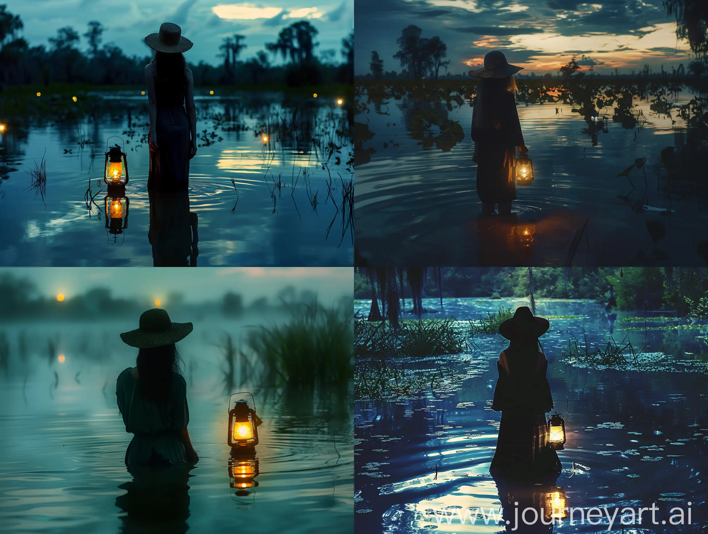 Woman with a hat standing in the middle of a swamp lake with a lantern, night, photo, atmospheric, beautiful