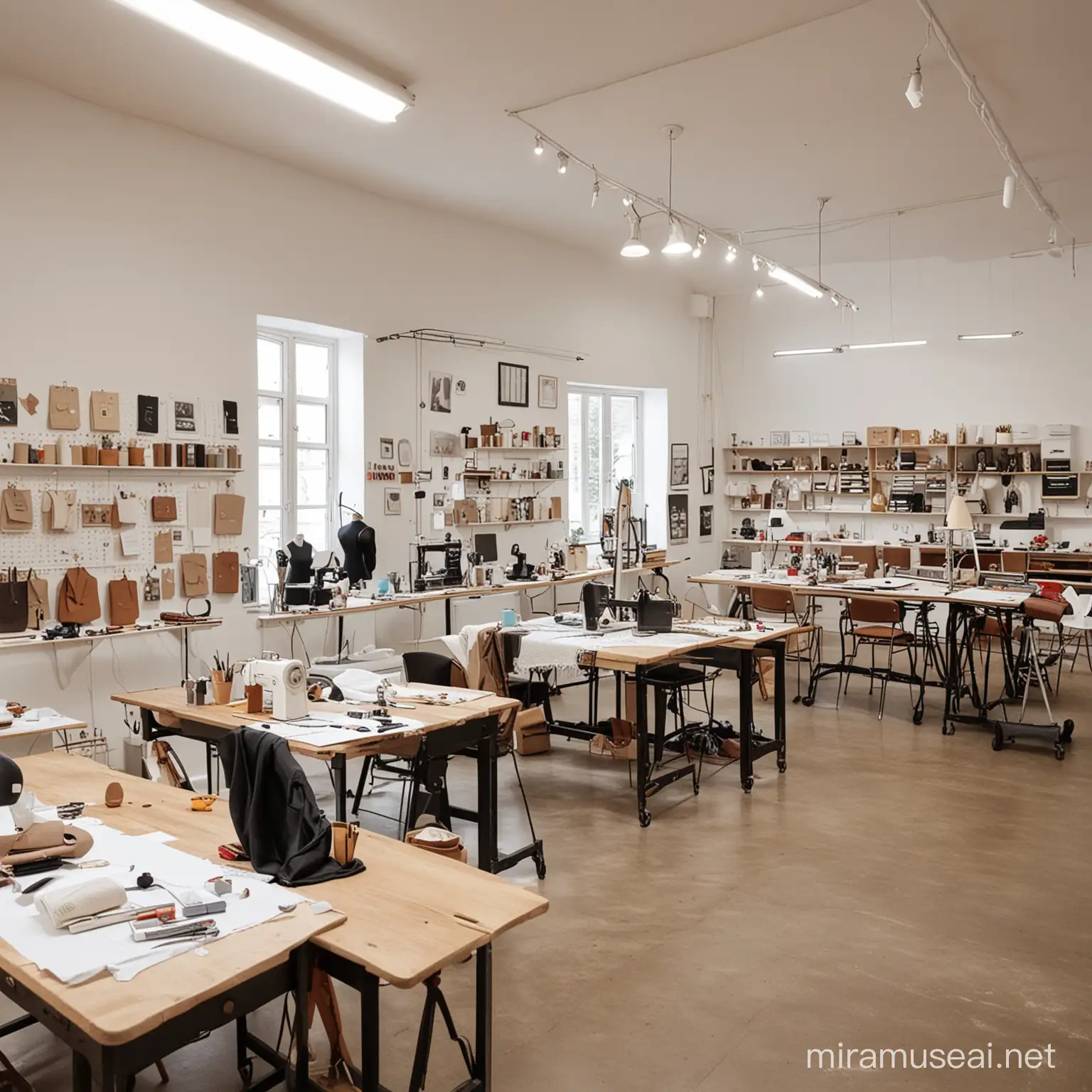 A co working workshop space for sewing and handmade leather products, the interior includes sewing machines with mannequin, white boards for brain storm
