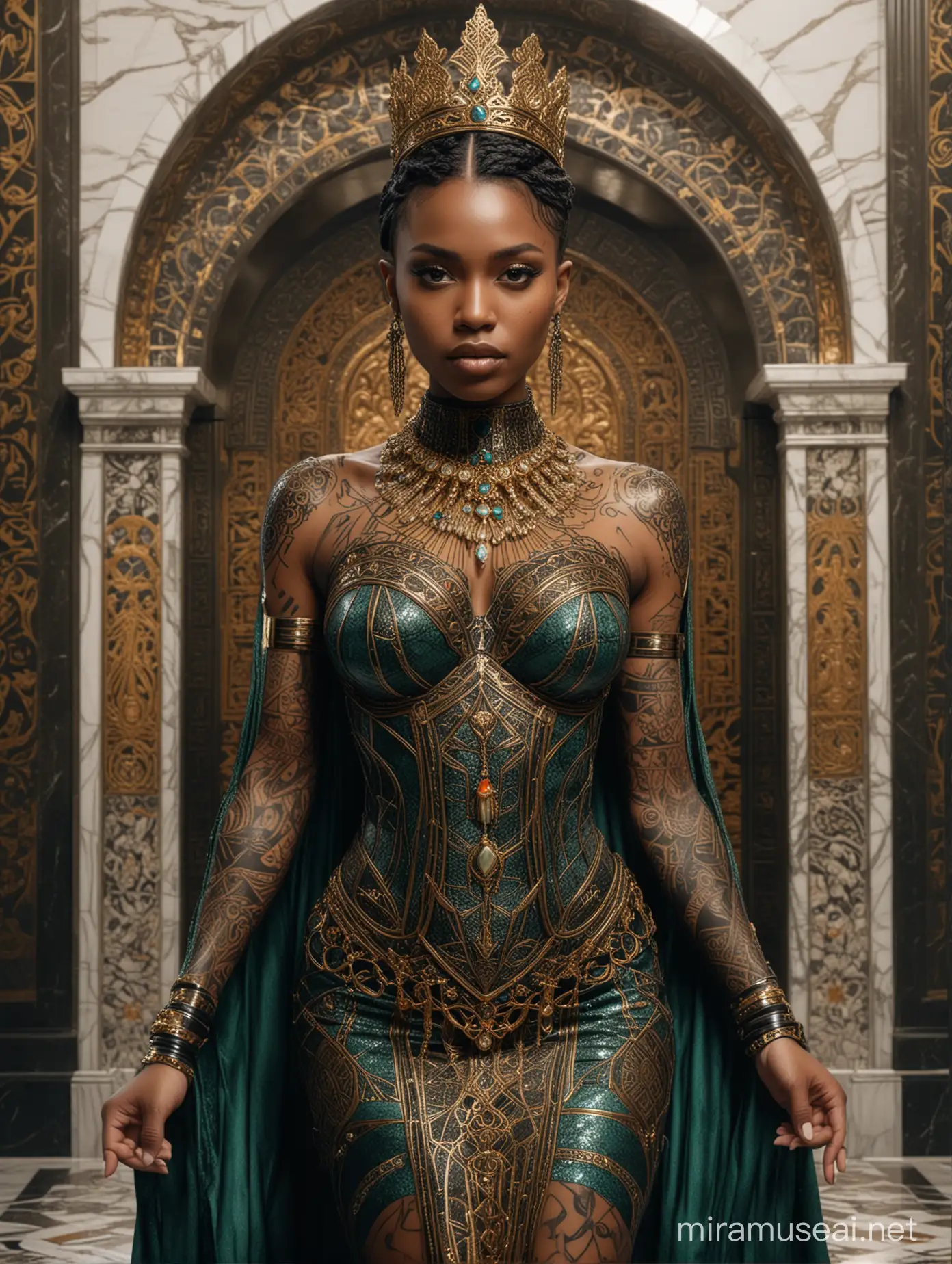 Full length view, wide angle lens, professional photograph, high-resolution, ultra-detailed, A stately and stunning dark black lady, With a complex latticework of gold and jewels covering her face and skin echoing tattoos and tribal designs and Art Deco, Wearing a blue green orange costume designed by Iris van Herpen, Standing in a white marble throne room. unreal engine, hyper real --q 2 --v 5.2 --ar 16:9