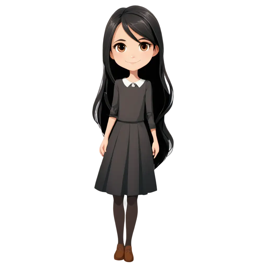 Vector image, a cute character of little girl with white skin, big light brown eyes and long black hair. She is around 13 years old. 