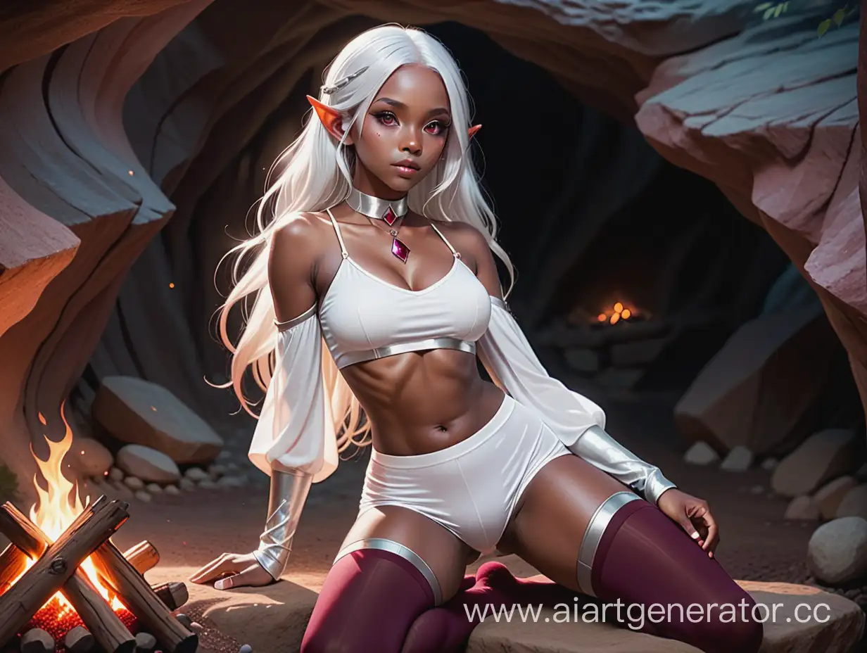 Athletic-Elf-Girl-Stretching-by-Campfire-in-Cave