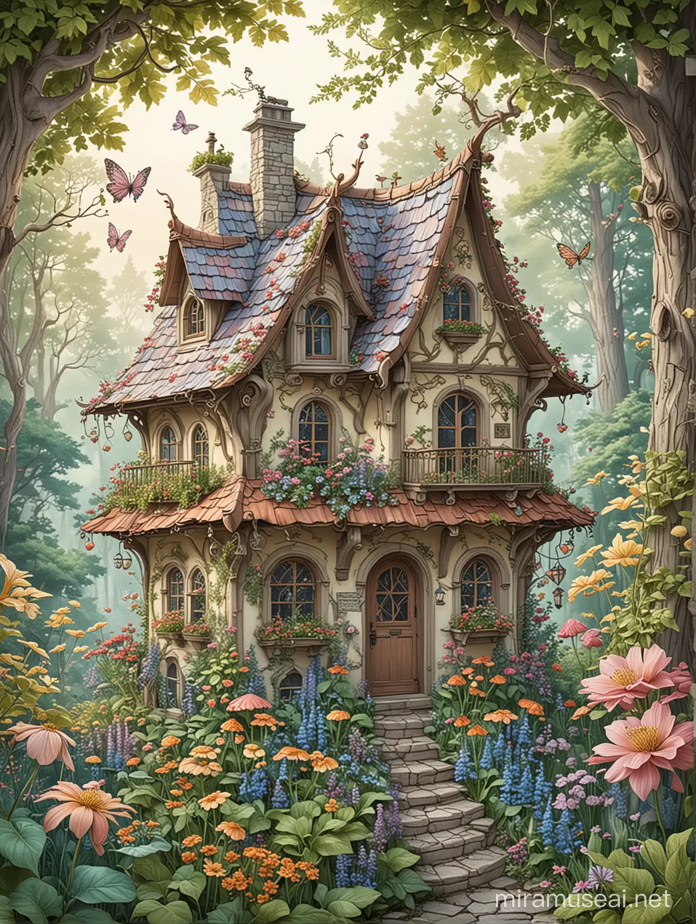 soft color, adult coloring book, fairy,  roof flowers, high detail, no shading, forest, with  house, fairy