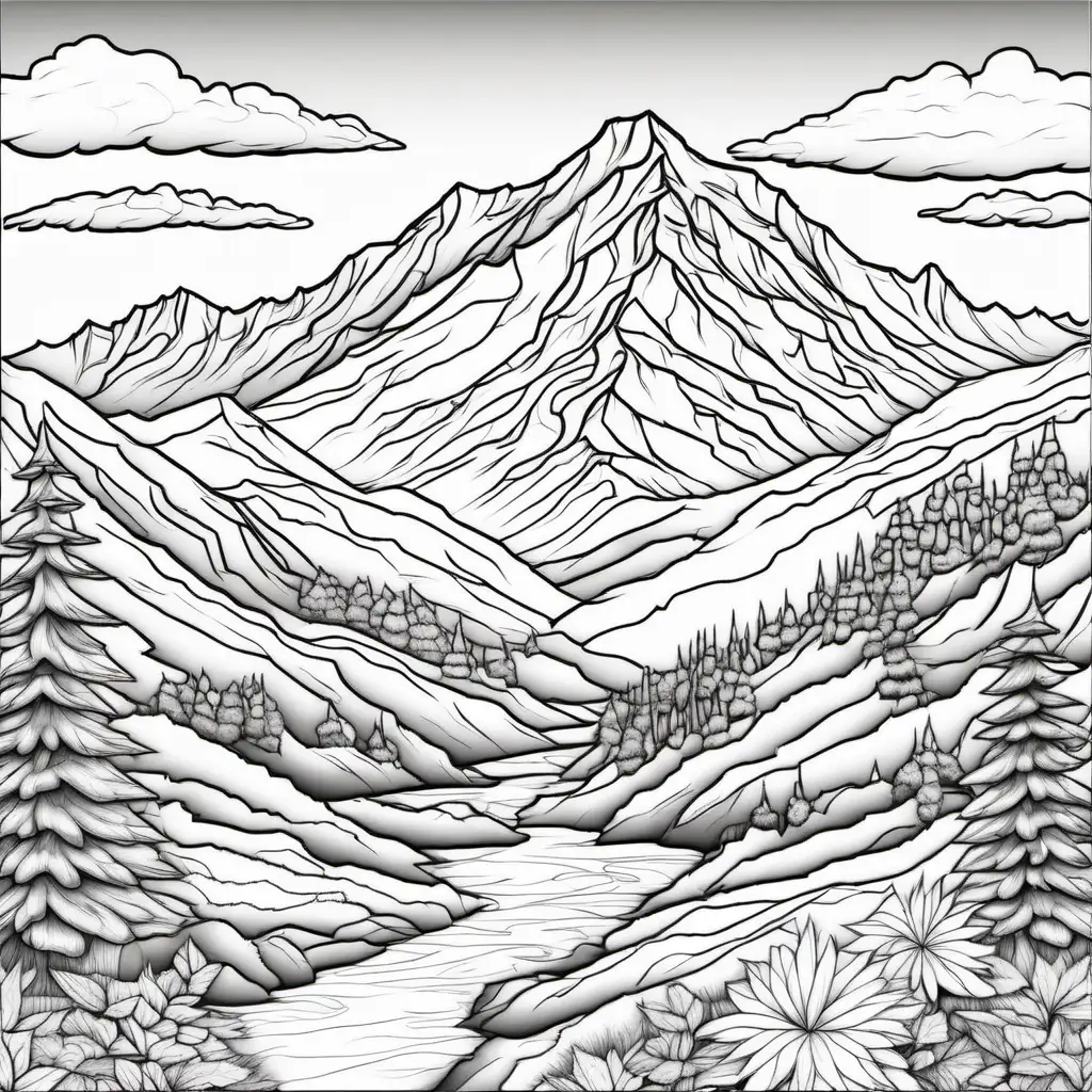 Please create a picture that is ideal for a coloring book.  Please create a mountain view.