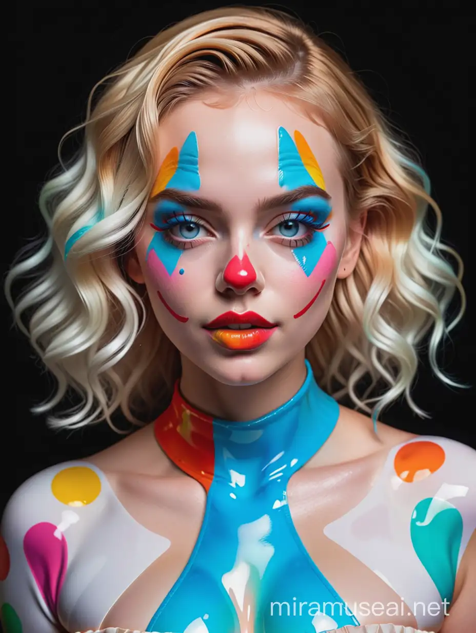 Produce a white shiny iridescent neon colored porcelain figure of a beautiful curvy feminine Spanish woman with lips closed 
Strong expression dynamic
Blonde hair
Blue eyes
Wet super Glossy shiny skin 
Colorful stains on her face and lips
Clown joker makeup
portrait headshot frontal body
Black background