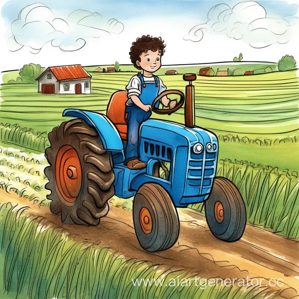 Draw a blue tractor driving through the fields, a little Russian boy with dark brown curly hair at the wheel.