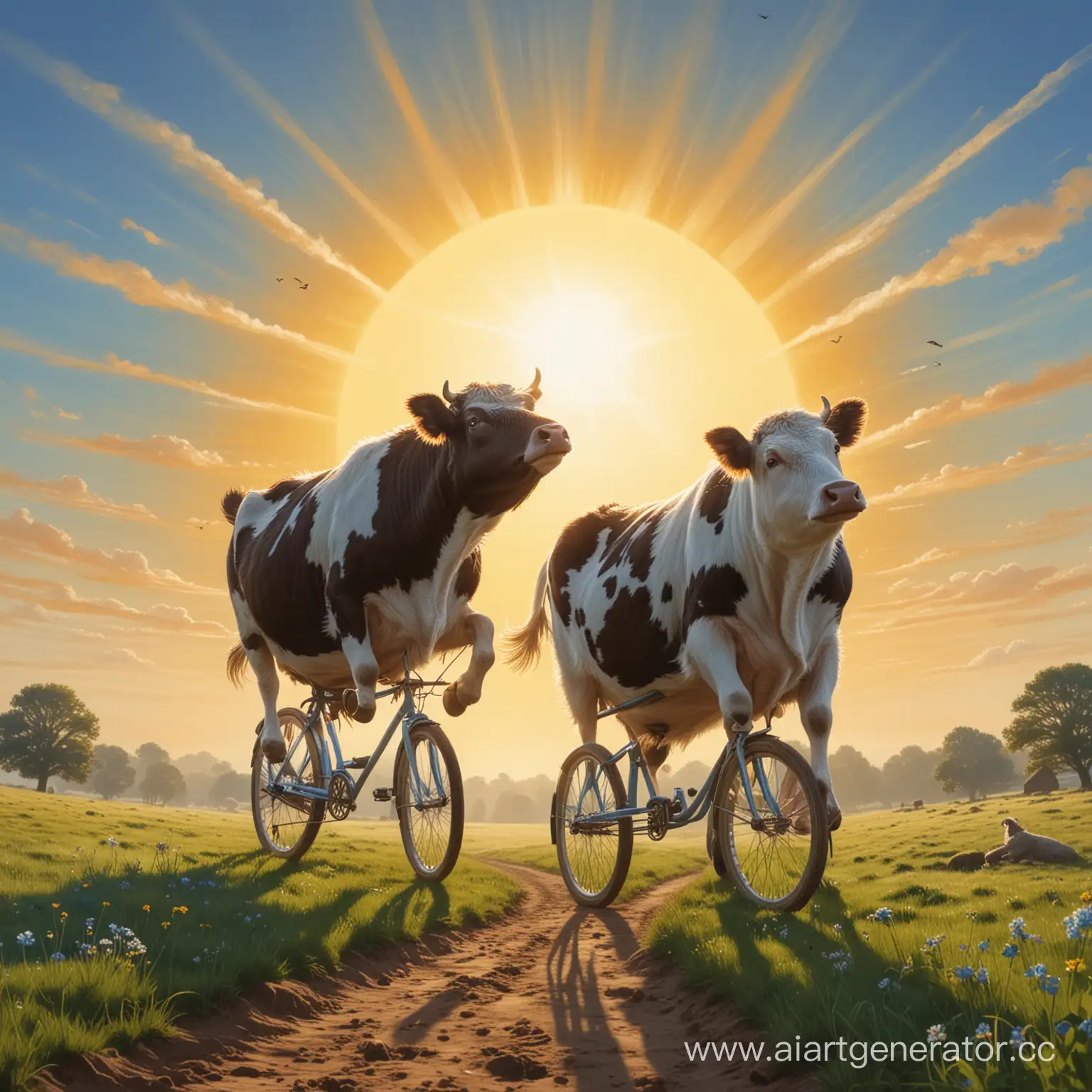 Surreal-Scene-Flying-Cows-Towards-the-Sun-with-a-Blue-Companion-and-a-Southern-Flight-with-a-Hedgehog-on-Bicycle
