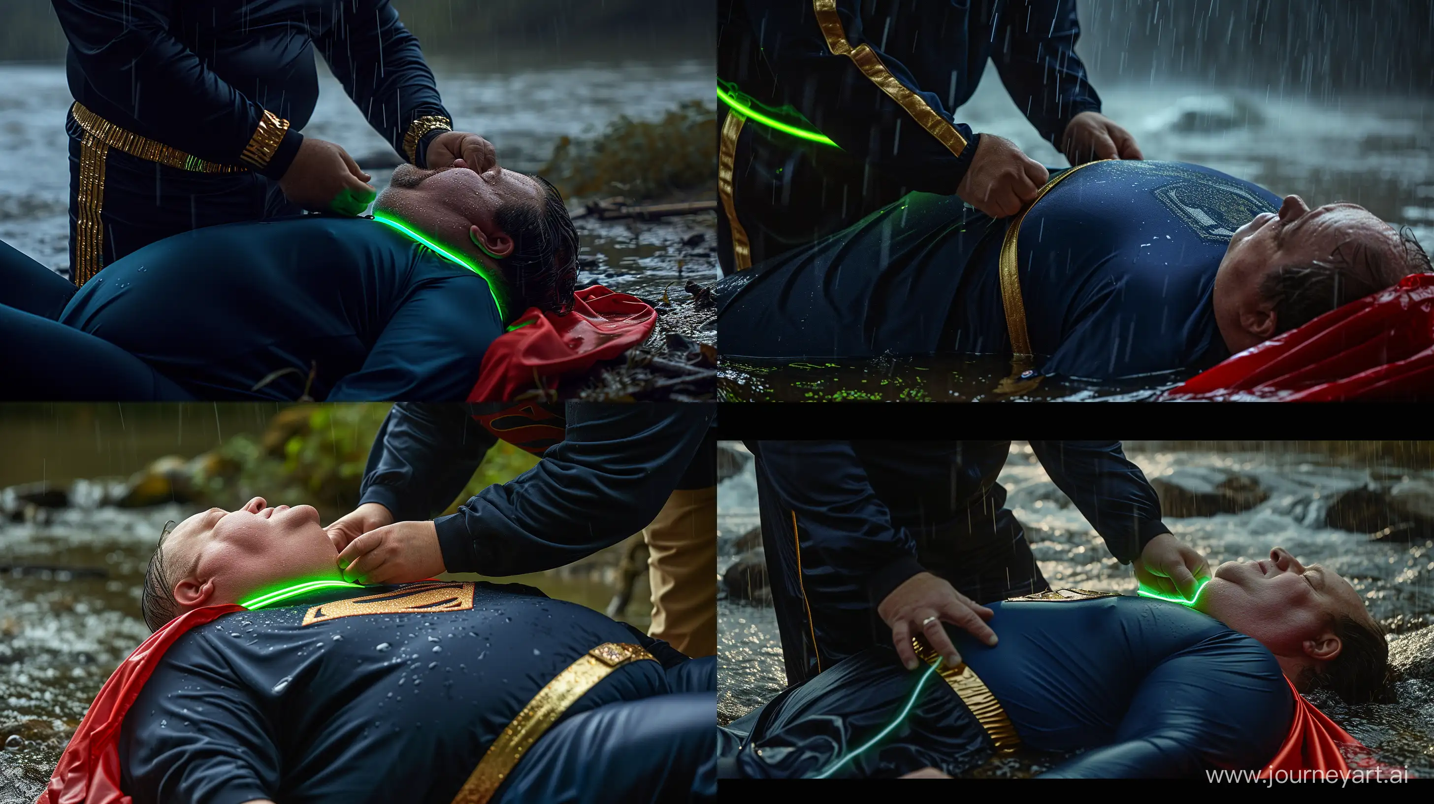 Close-up photo of a fat man aged 60 wearing a navy silk black tracksuit with a golden stripe on the pants. He is tightening a tight green glowing neon dog collar on the neck of a fat man aged 60 wearing a tight blue 1978 smooth superman costume with a red cape lying in the rain. Natural Light. River. --style raw --ar 16:9