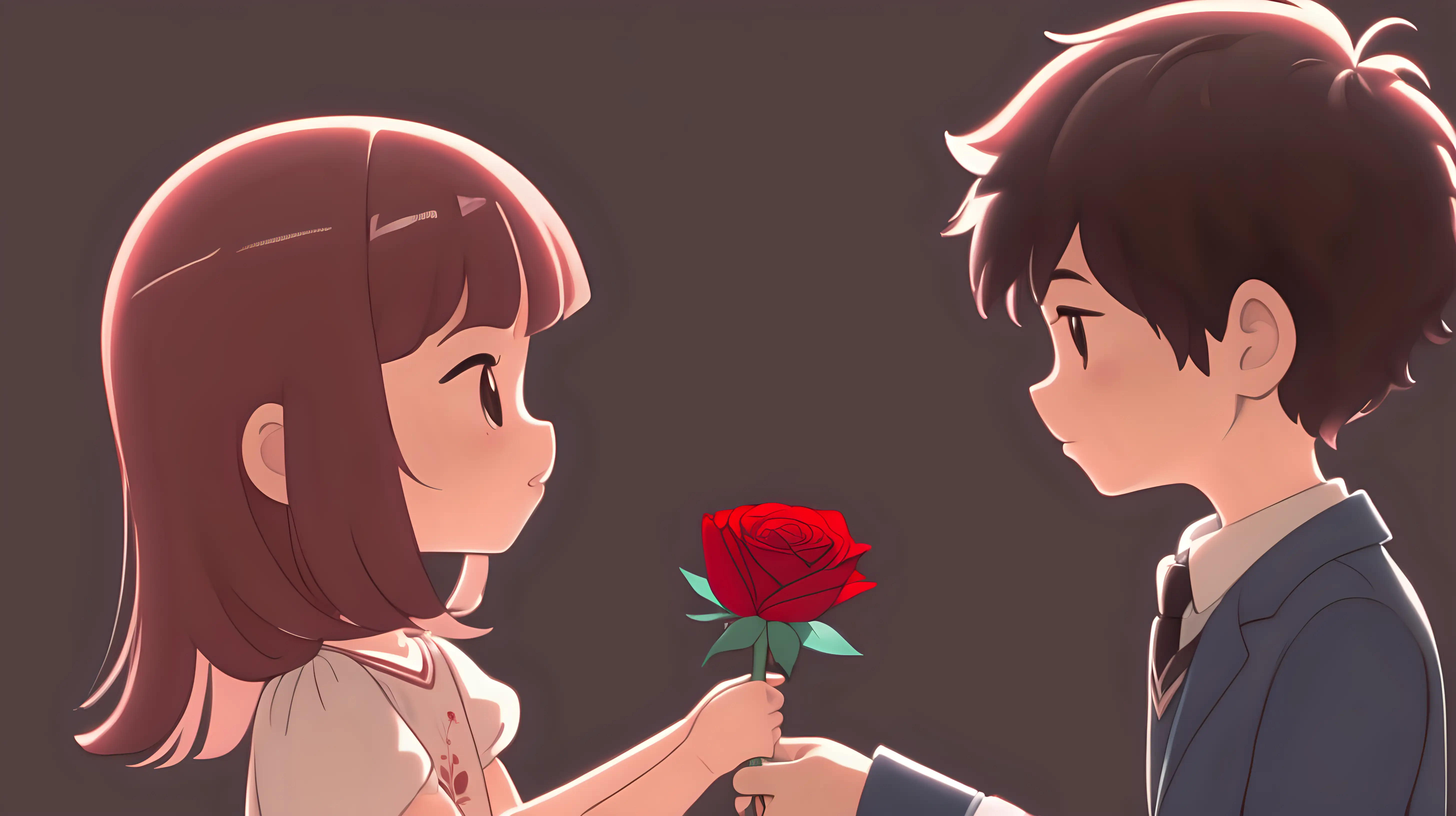 Adorable Animation Nervous Boy Presents Blushing Girl with a Red Rose