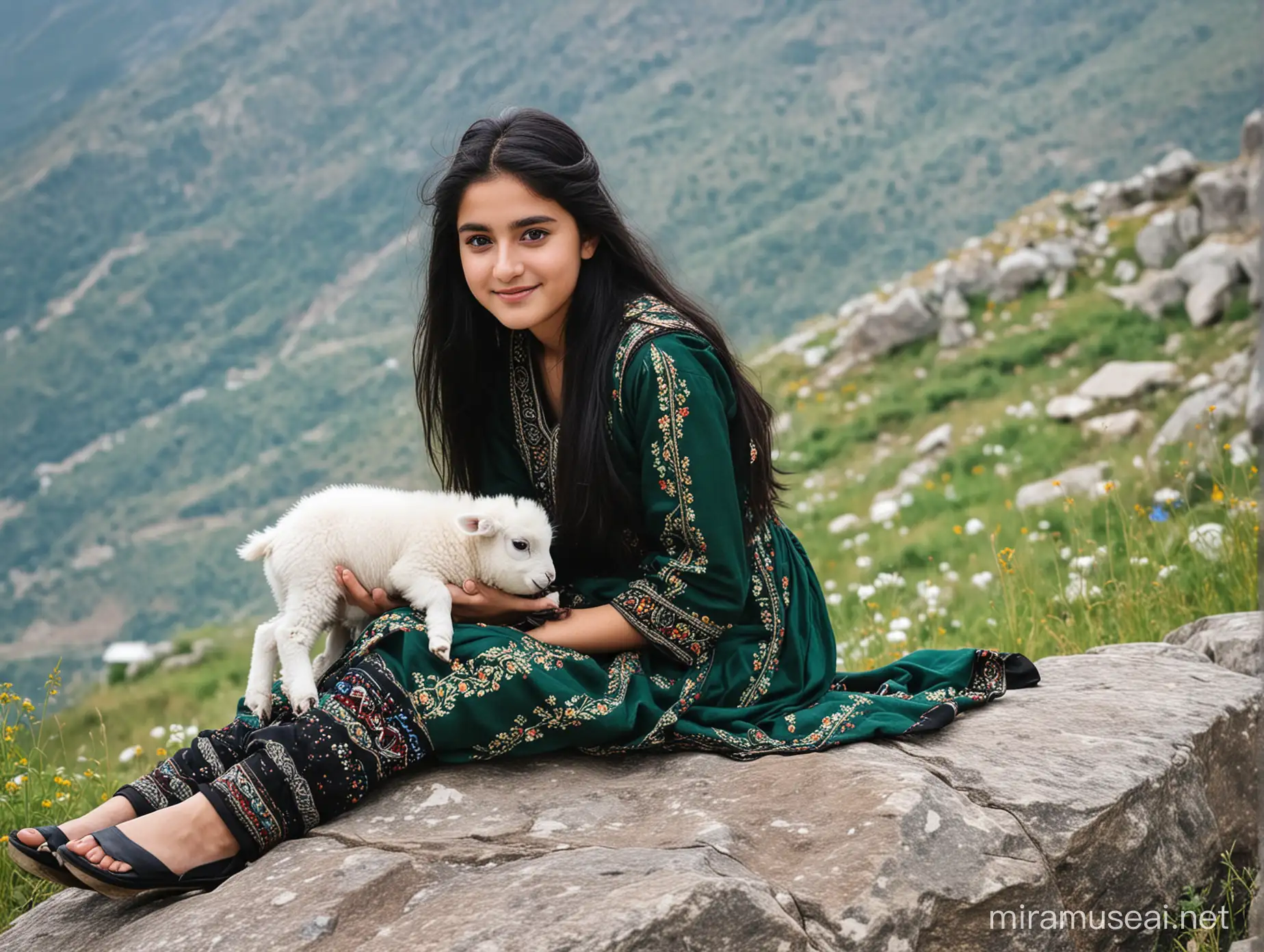 a teen pakistani girl, resident of northern areas of pakistan, fair complexion, long black hairs, blue eyes, black traditional dress, sitting on rock on mountain peek, playing with cute white lamb, lush green environment