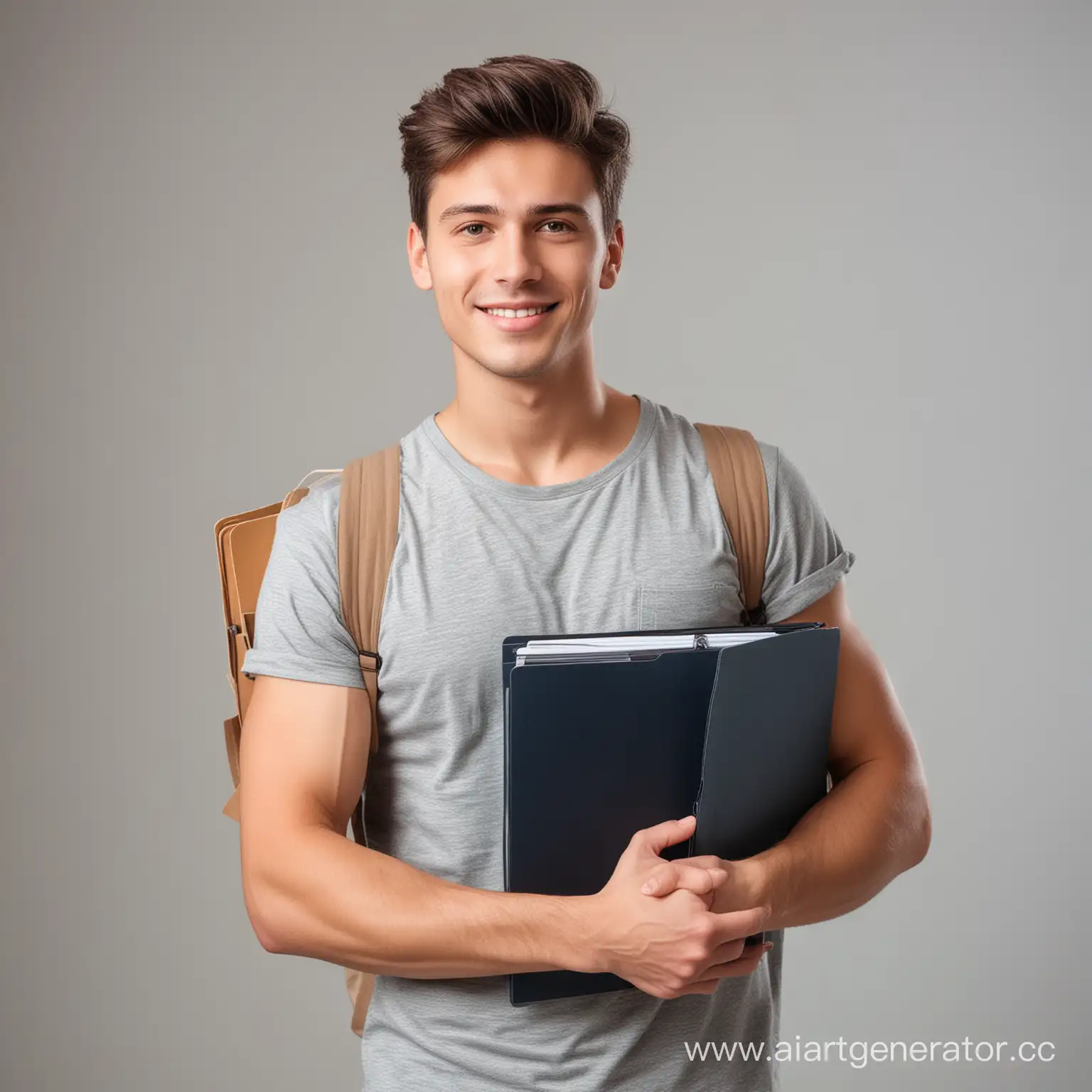 парня, студента
 красивой внешности, передним планом, держит в руках папки
