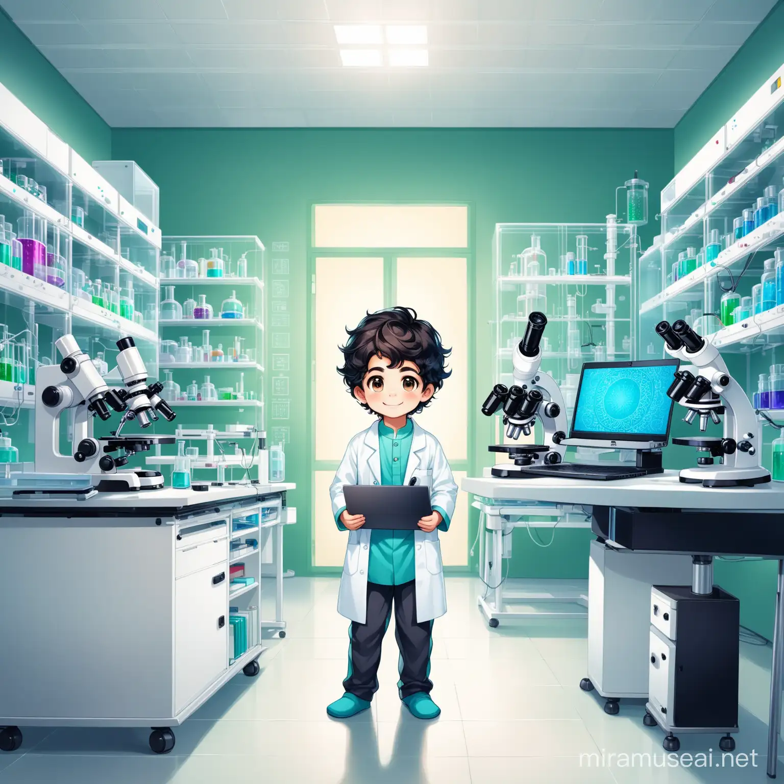 Persian little boy(full height, white skin, cute, smiling, with emphasis clothes are full of Persian designs).
Atmosphere a super modern laboratory with microscope and laptop which is showing cells.