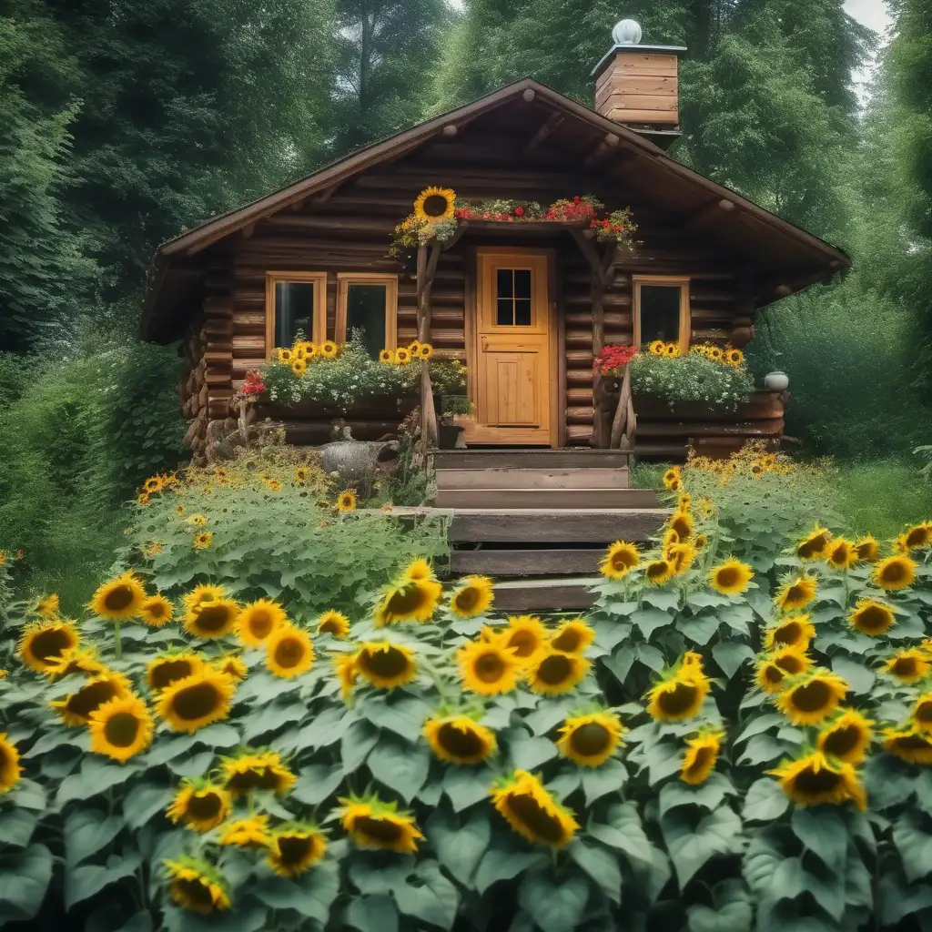 Enchanting Summer Cabin in Lush Green Forest with Sunflowers Garden