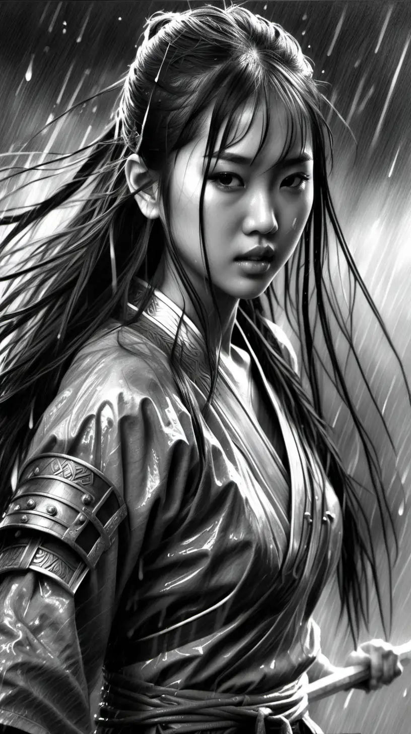 Pencil drawing, asian girl, long hair, warrior, wet