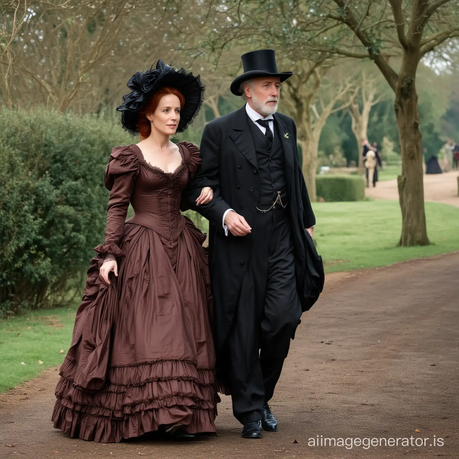 red hair Gillian Anderson wearing a dark brown floor-length loose billowing 1860 victorian crinoline poofy dress with a frilly bonnet walking with an old man dressed into a black victorian suit who seems to be her newlywed husband
