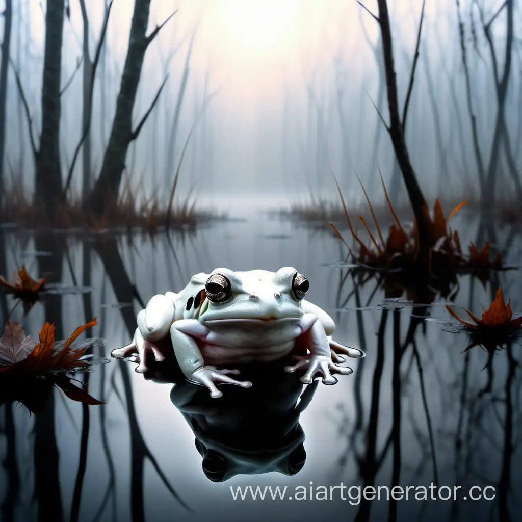 Misty-Autumn-Swamp-Photorealistic-White-Frog-and-Three-Crows