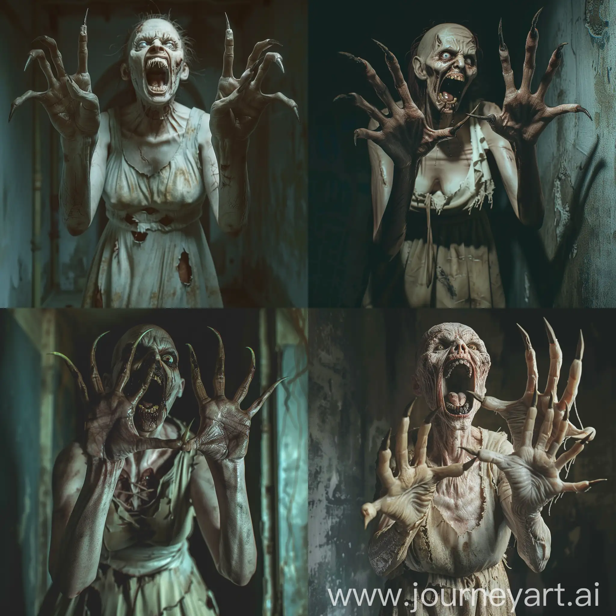 A horrifying nightmare scene of a zombie woman with long, curved pointed dirty nails protruding from her five fingers two hands like menacing claws. Her skin is pale and rotting,  Her mouth is wide open, revealing a row of sharp, pointed teeth that resemble fangs. she dressed to torn closes,  she stand in aggressive pose, ready to attack, scene inside darkness basement, hyper-realism, cinematography, high detail, the smallest details, horror, fear.photorealistic photography of a zombie woman with no eyes and a tattered dress, in the style of realistic hyper - detail, playful character designs, 32k uhd, full anatomical. human hands, very clear without flaws with five fingers
