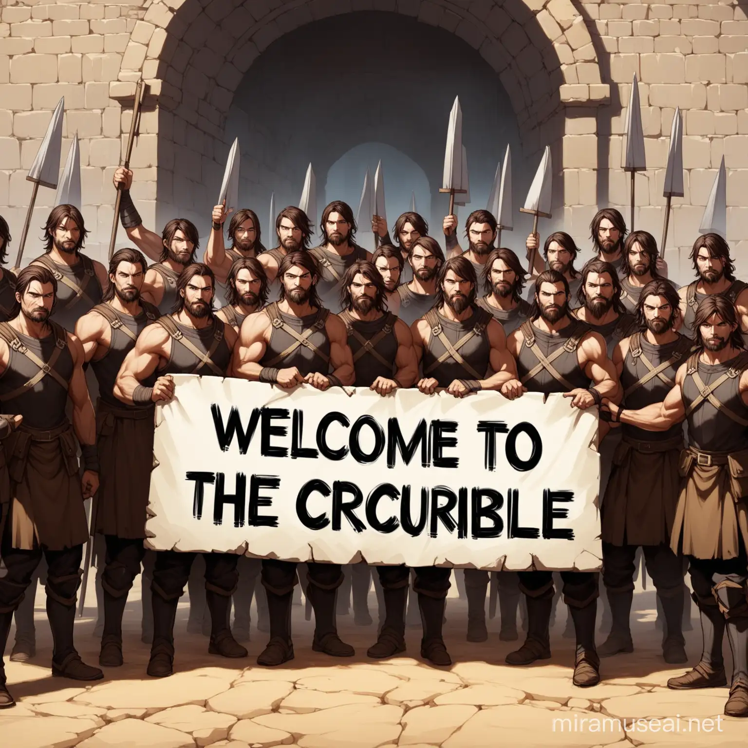 a group of warrior men holding up a sign that says "Welcome to the Crucible!"