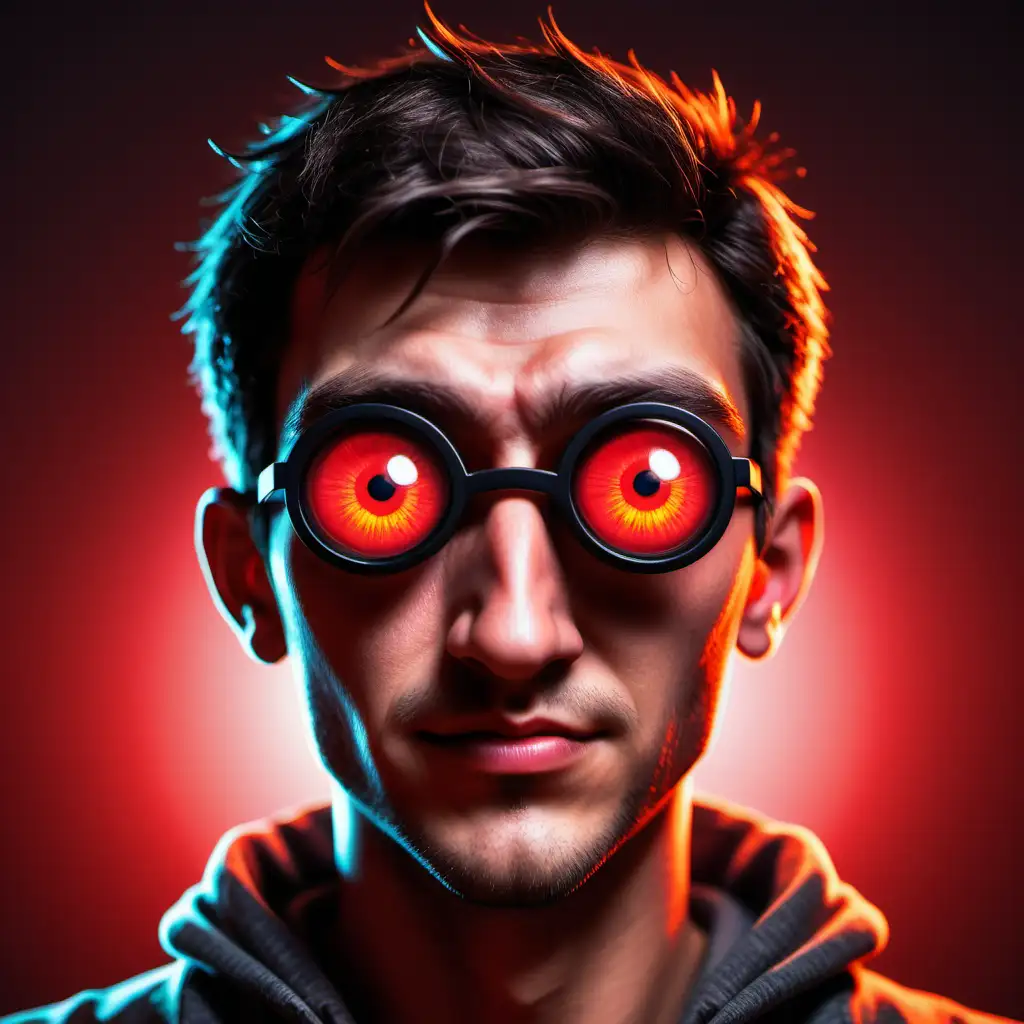 playing games with red eyes in cartoon style a man around 25 years old