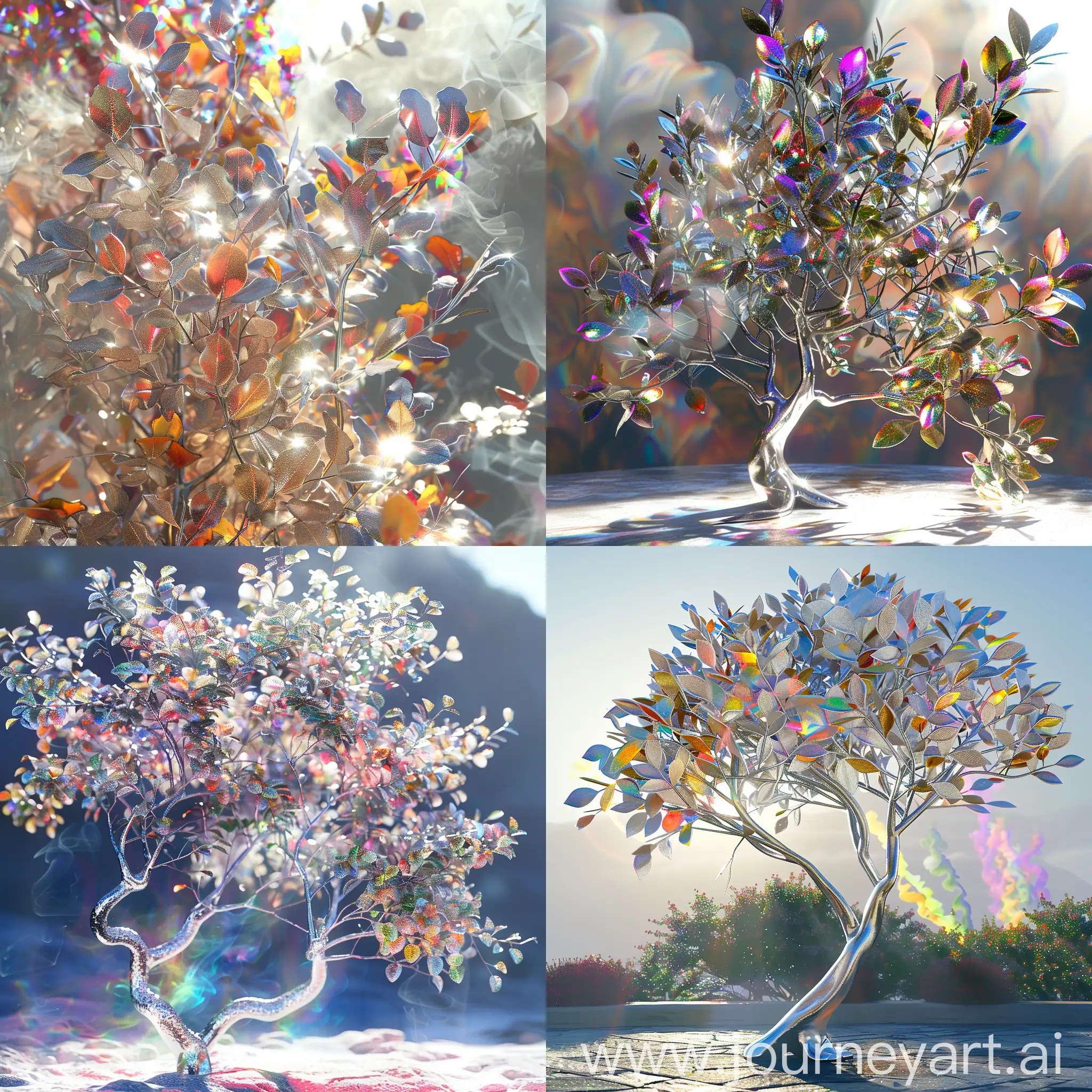 A fabulous silver tree with colorful leaves!!!!!! The leaves are shining in the sun!!!!!!multicolored smoke, complex details, intricate details, over-detailed, realistic photography, professional photography, highly detailed, 4K, octane rendering, V-Ray, full HD бsurrealism in photography, ((masterpiece)), ((best quality)), high detail, highest detail, ah high_Detail, color, beautiful, HDR, Photorealistic