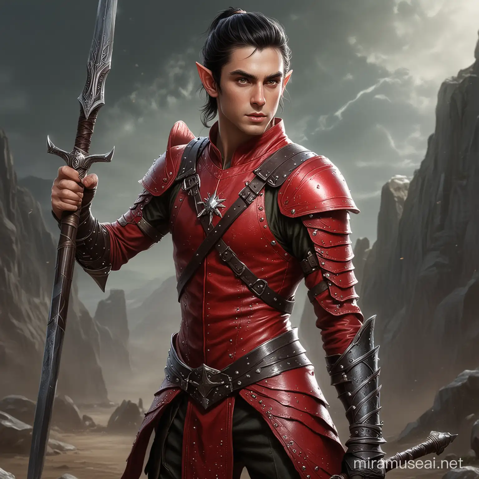 Stylish Elf Warrior with Dual Saber Spears in Red Leather Armor