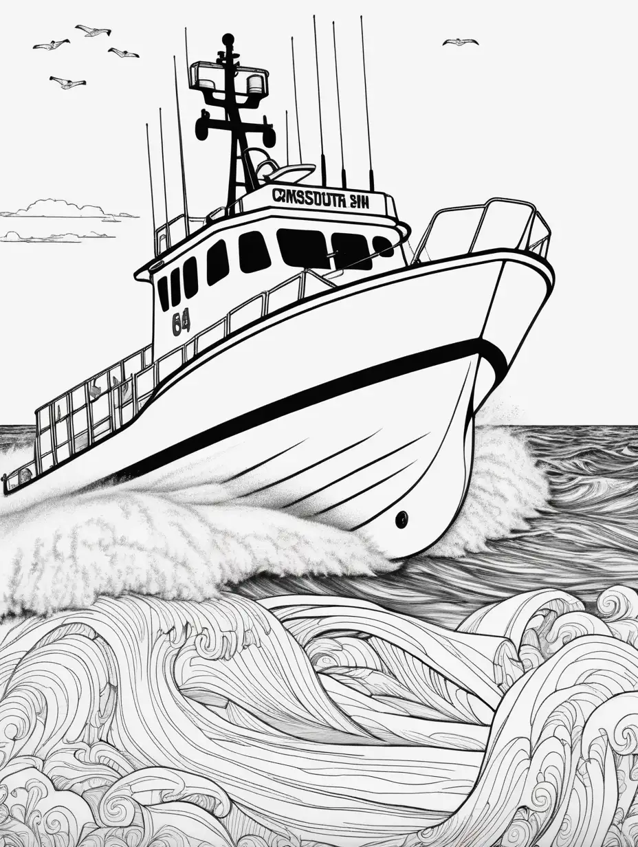 Adult Coloring Book, coastguard boat speeding in ocean, Black and White, black outline, high contrast
